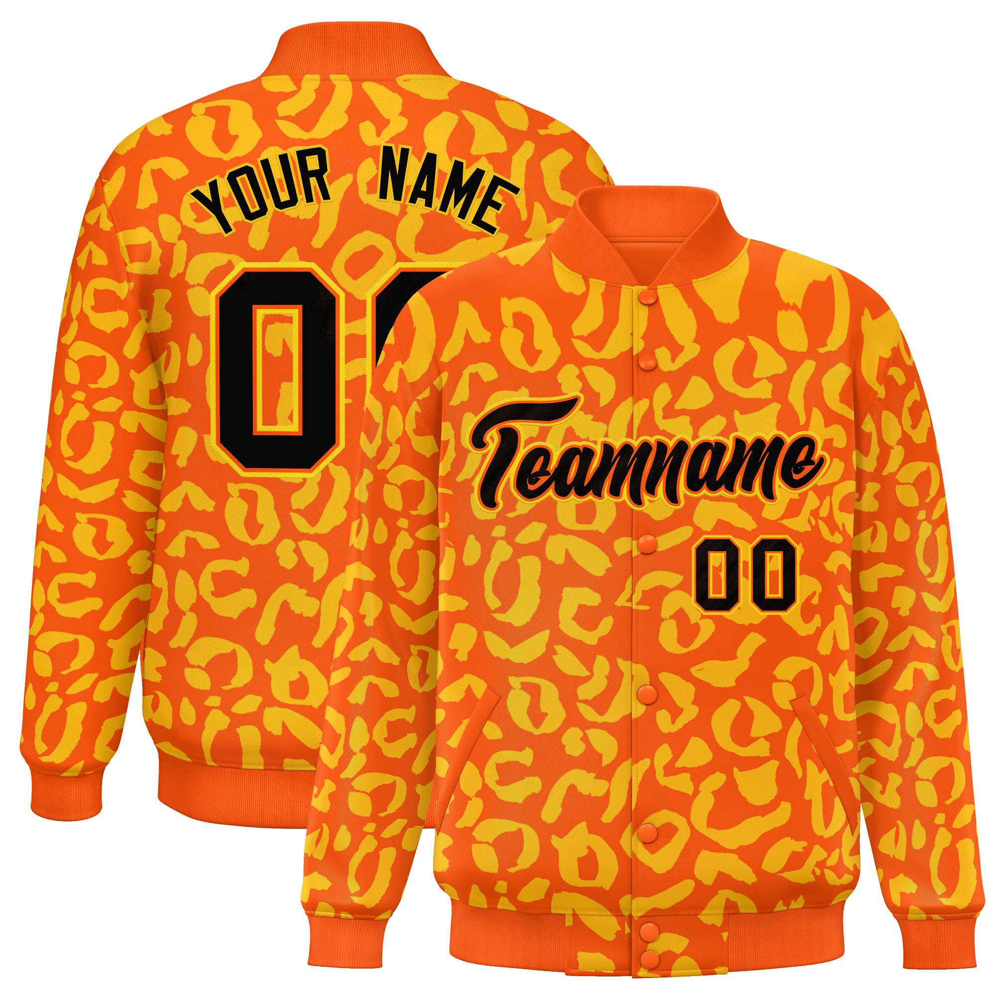 Custom Orange Gold Varsity Full-Snap Leopard Print Graffiti Pattern Letterman Baseball Jacket