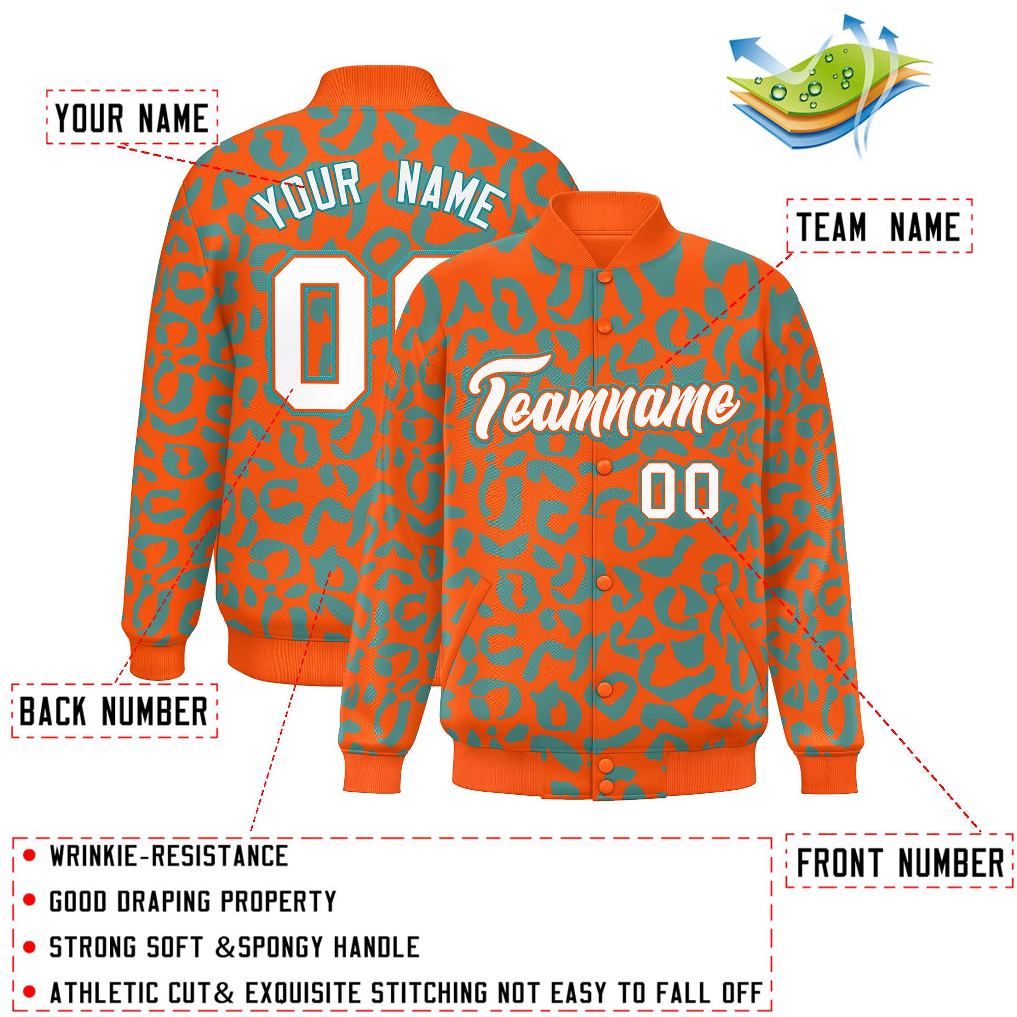 Custom Orange Aqua Varsity Full-Snap Leopard Print Graffiti Pattern Letterman Baseball Jacket