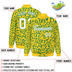 Custom Gold Kelly Green Varsity Full-Snap Leopard Print Graffiti Pattern Letterman Baseball Jacket