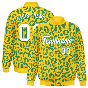 Custom Gold Kelly Green Varsity Full-Snap Leopard Print Graffiti Pattern Letterman Baseball Jacket