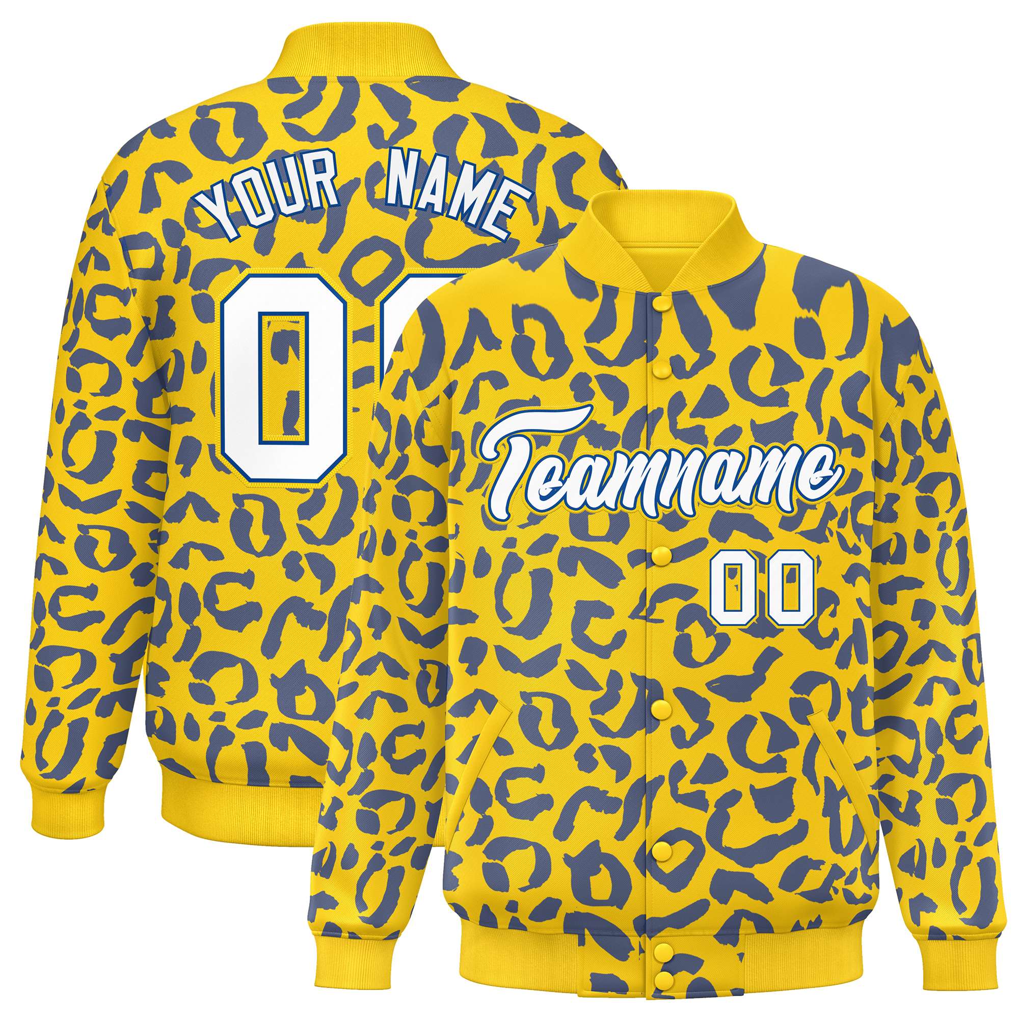 Custom Gold Royal Varsity Full-Snap Leopard Print Graffiti Pattern Letterman Baseball Jacket