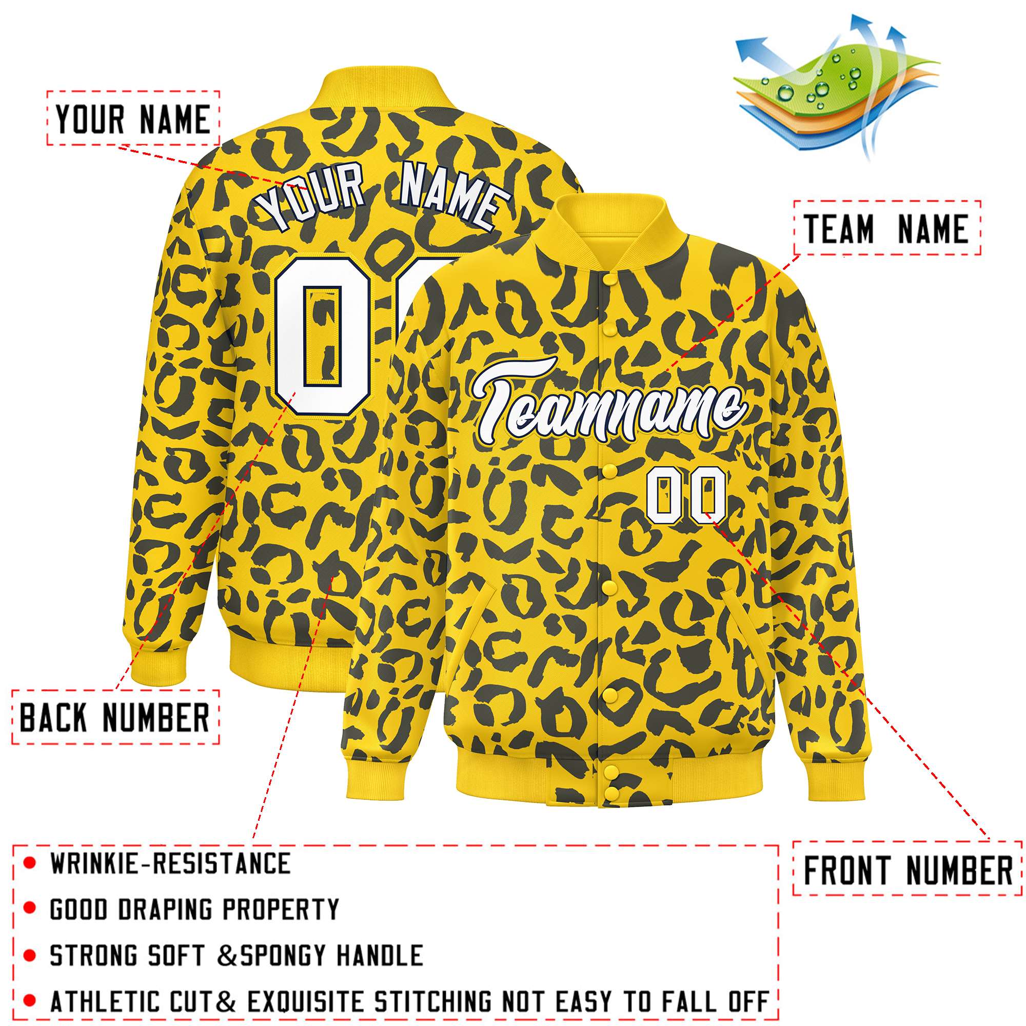 Custom Gold Navy Varsity Full-Snap Leopard Print Graffiti Pattern Letterman Baseball Jacket