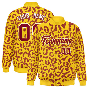 Custom Gold Crimson Varsity Full-Snap Leopard Print Graffiti Pattern Letterman Baseball Jacket