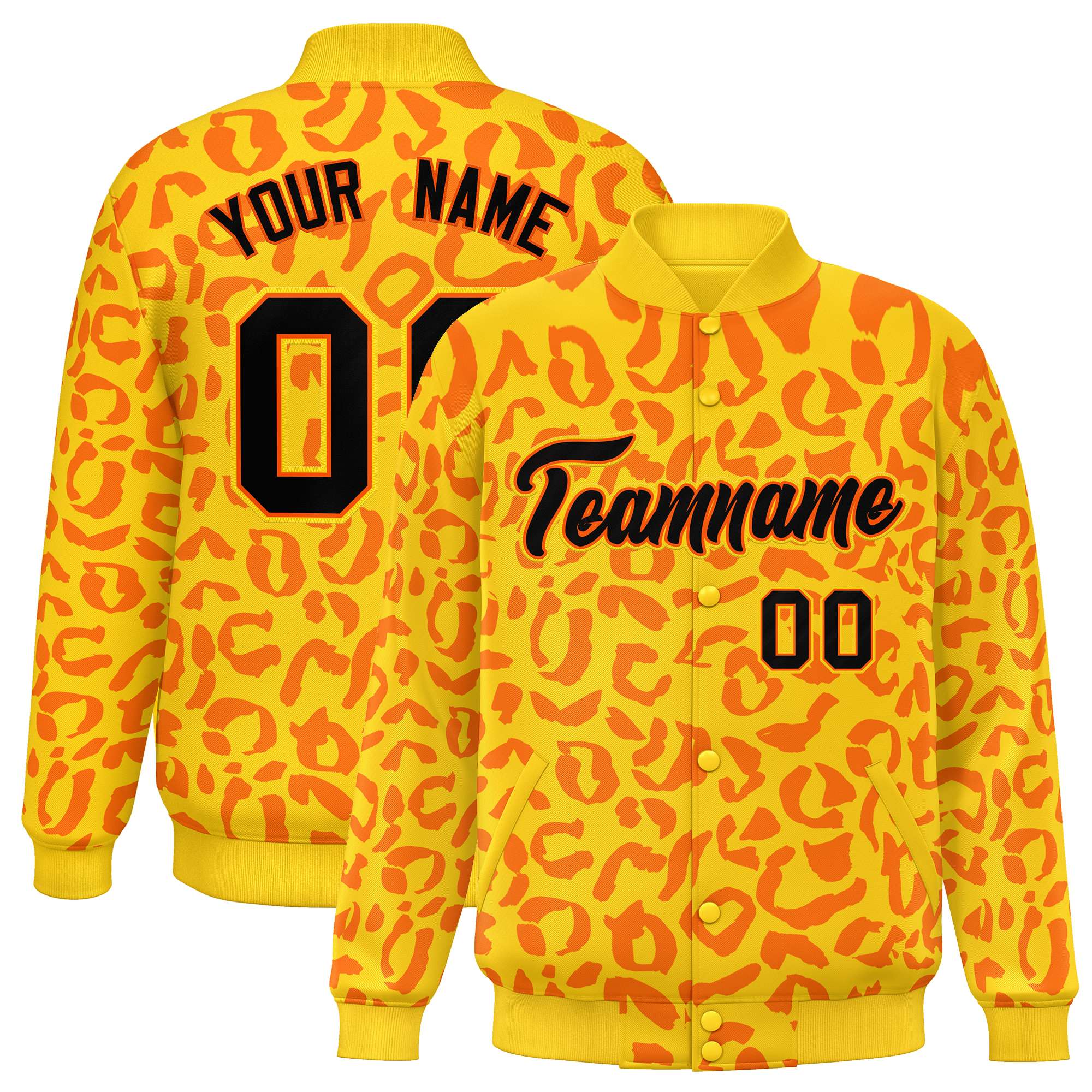 Custom Gold Orange Varsity Full-Snap Leopard Print Graffiti Pattern Letterman Baseball Jacket