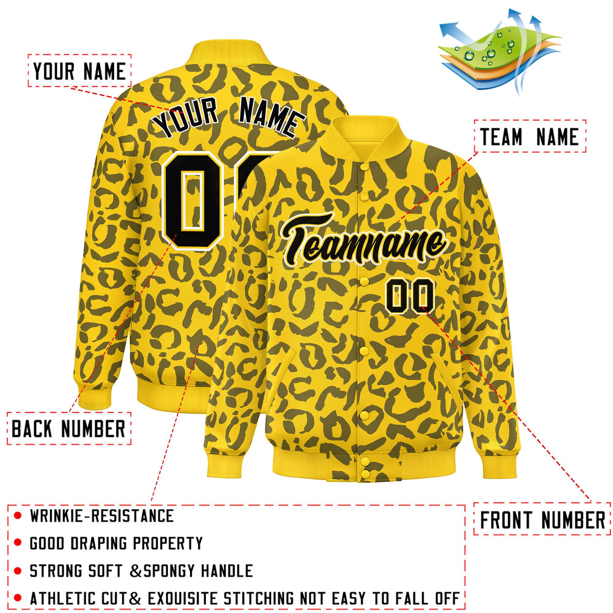 Custom Gold Black Varsity Full-Snap Leopard Print Graffiti Pattern Letterman Baseball Jacket