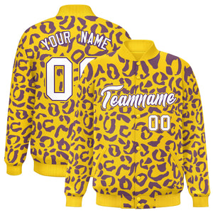 Custom Gold Purple Varsity Full-Snap Leopard Print Graffiti Pattern Letterman Baseball Jacket