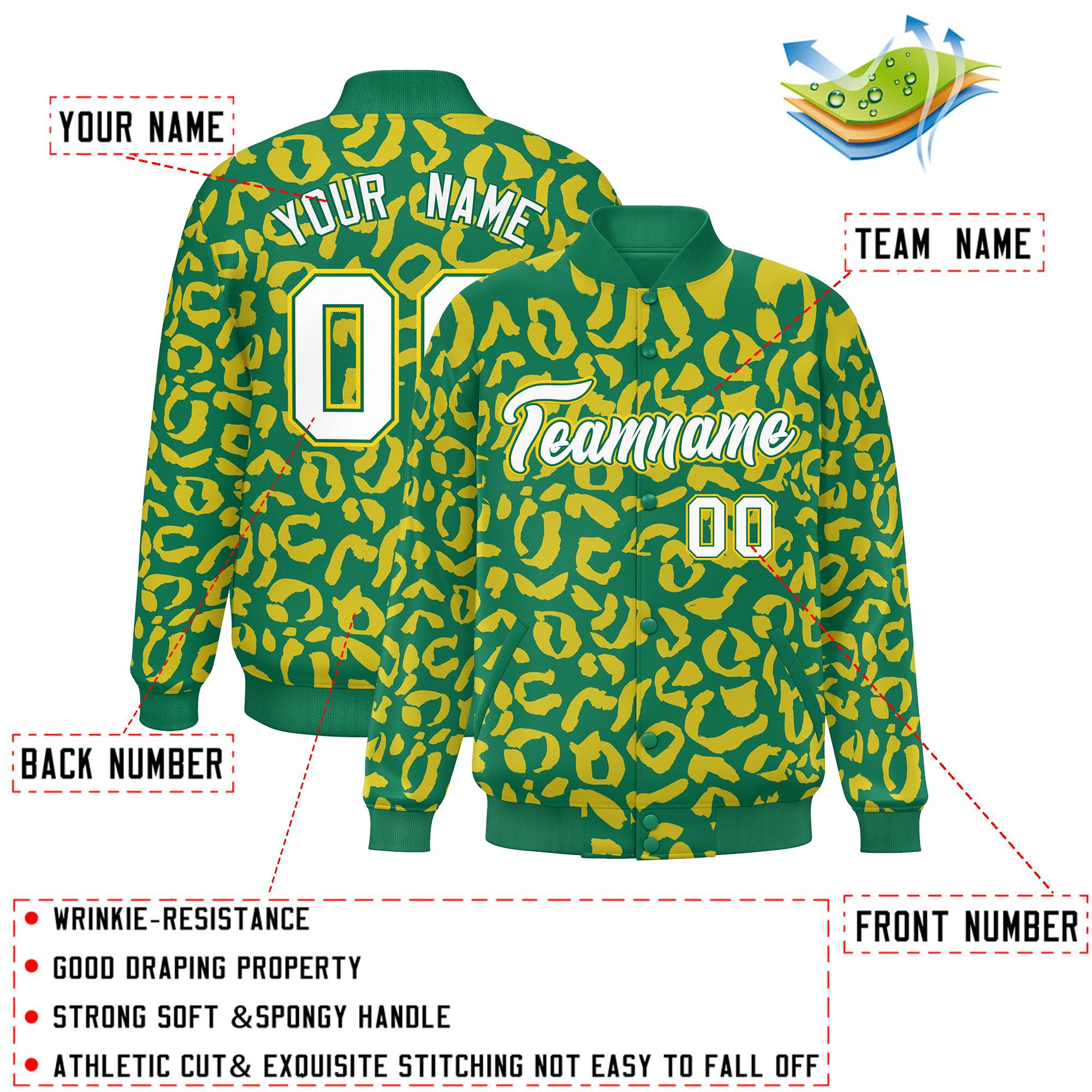 Custom Kelly Green Gold Varsity Full-Snap Leopard Print Graffiti Pattern Letterman Baseball Jacket