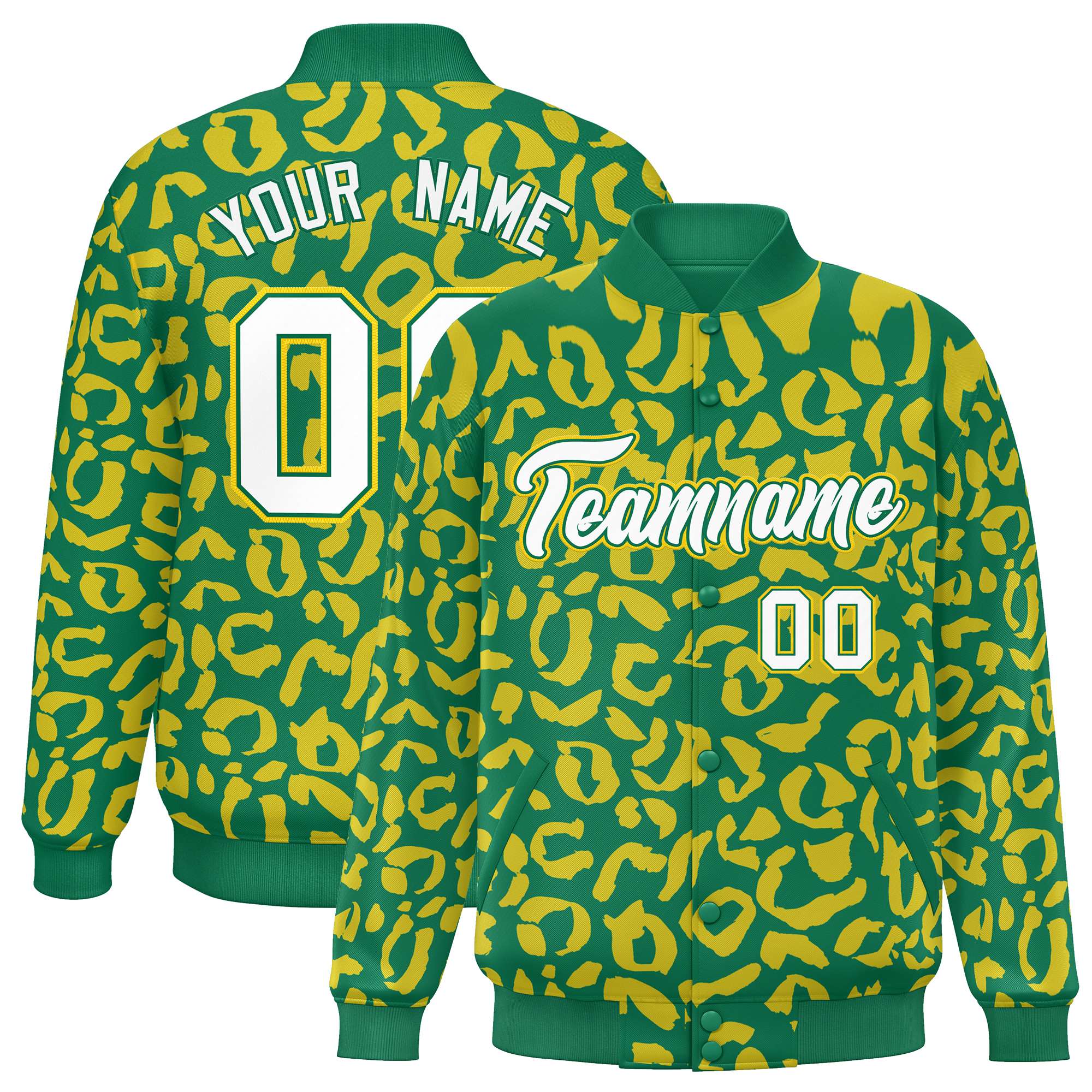 Custom Kelly Green Gold Varsity Full-Snap Leopard Print Graffiti Pattern Letterman Baseball Jacket