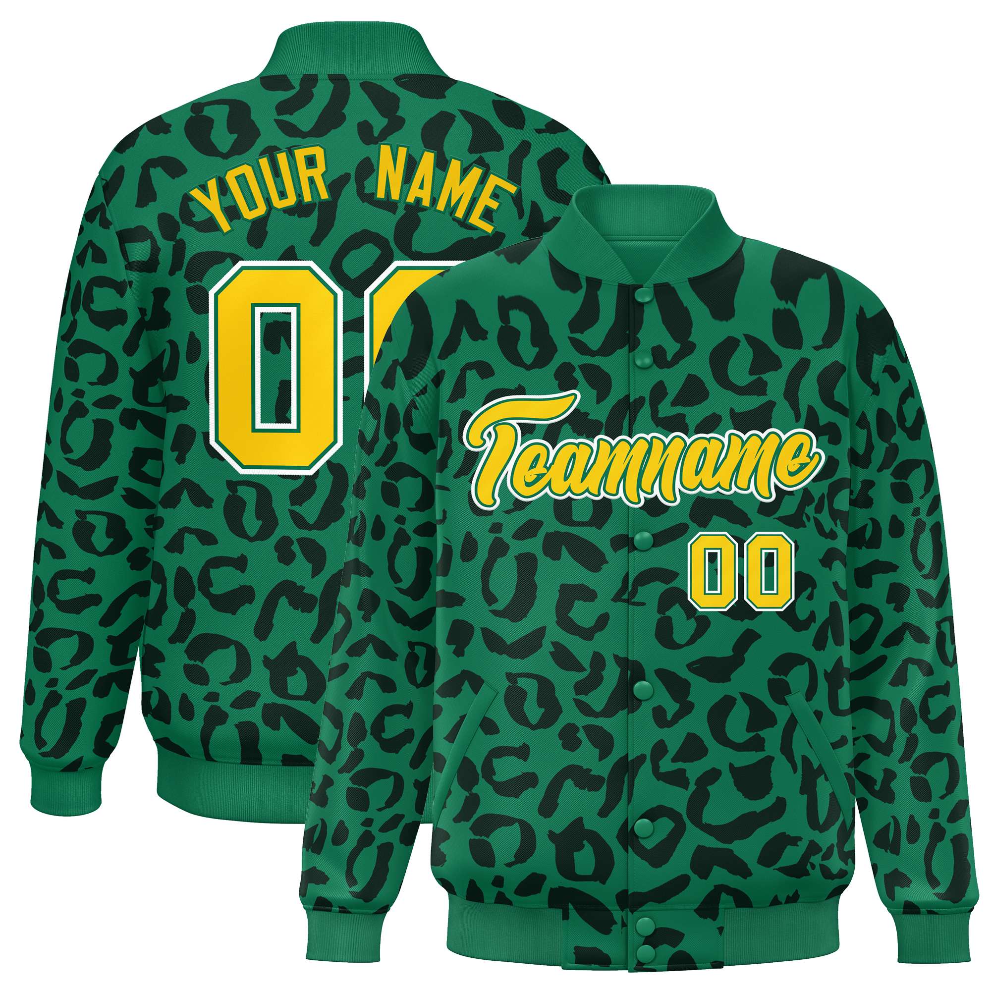 Custom Kelly Green Black Varsity Full-Snap Leopard Print Graffiti Pattern Letterman Baseball Jacket