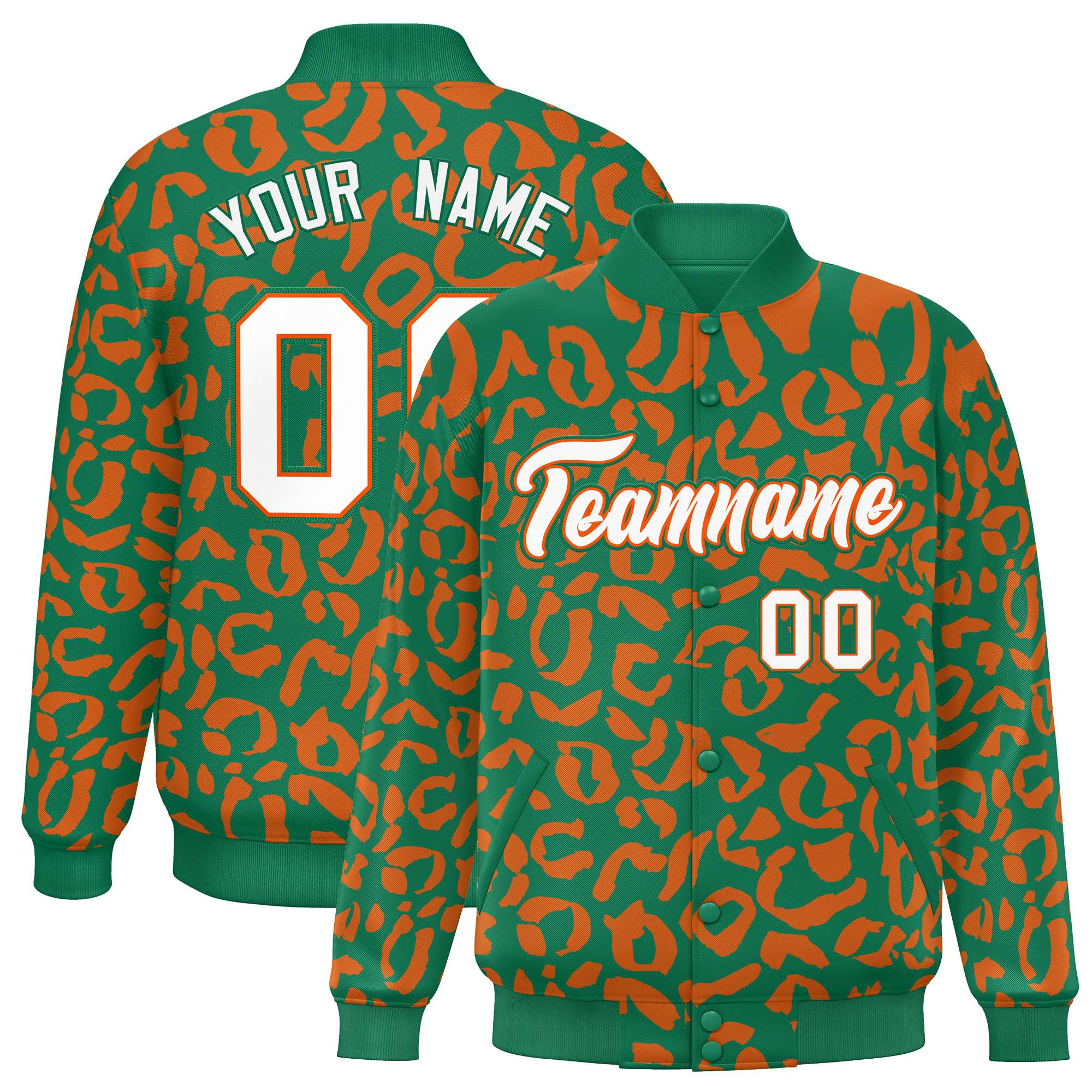 Custom Kelly Green Orange Varsity Full-Snap Leopard Print Graffiti Pattern Letterman Baseball Jacket