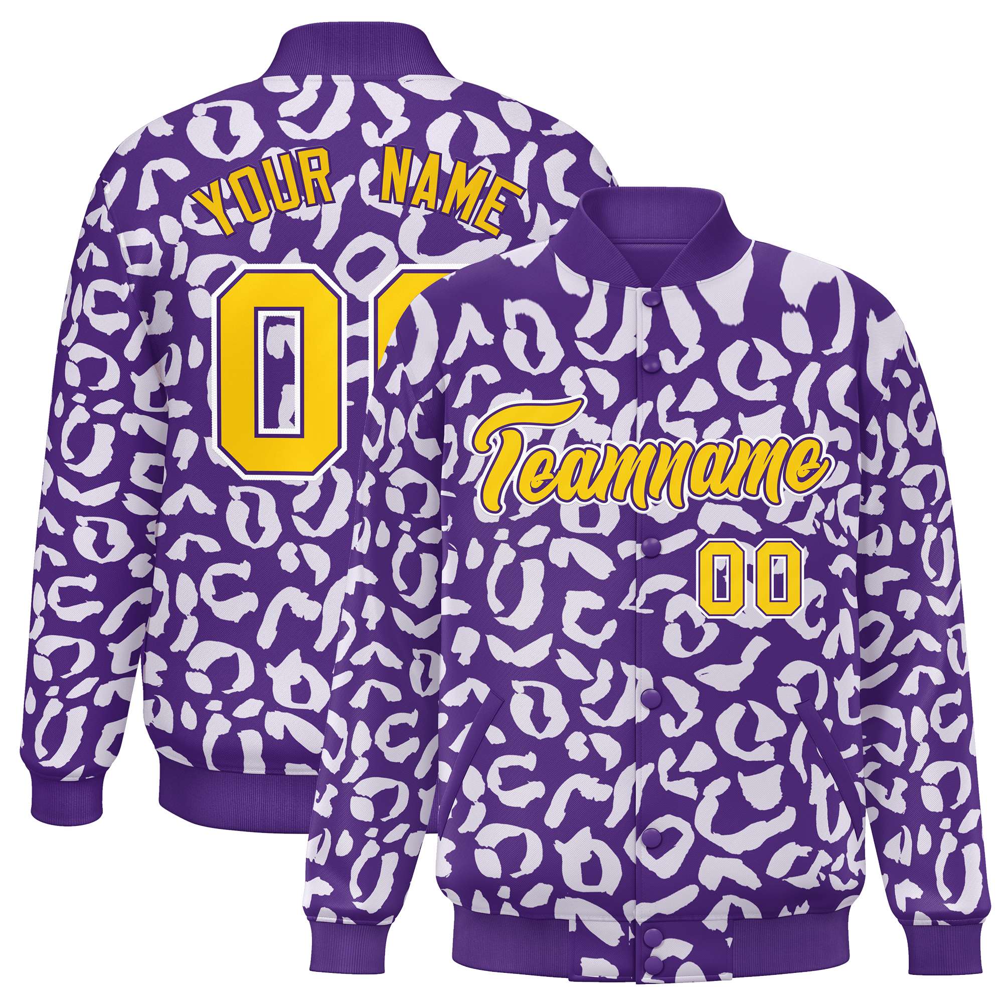 Custom Purple White Varsity Full-Snap Leopard Print Graffiti Pattern Letterman Baseball Jacket