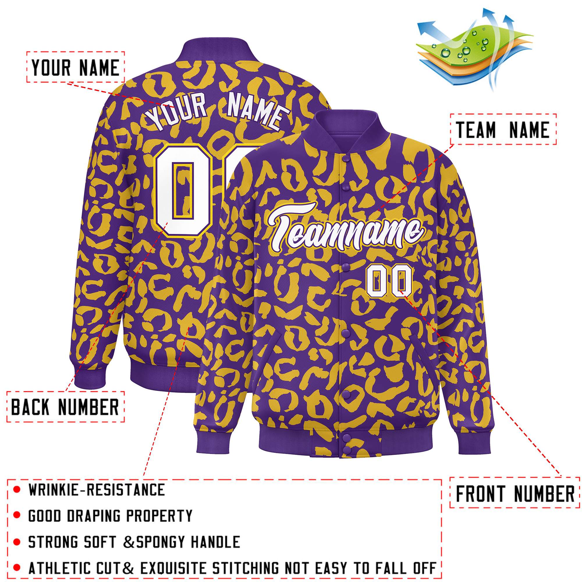 Custom Purple Gold Varsity Full-Snap Leopard Print Graffiti Pattern Letterman Baseball Jacket