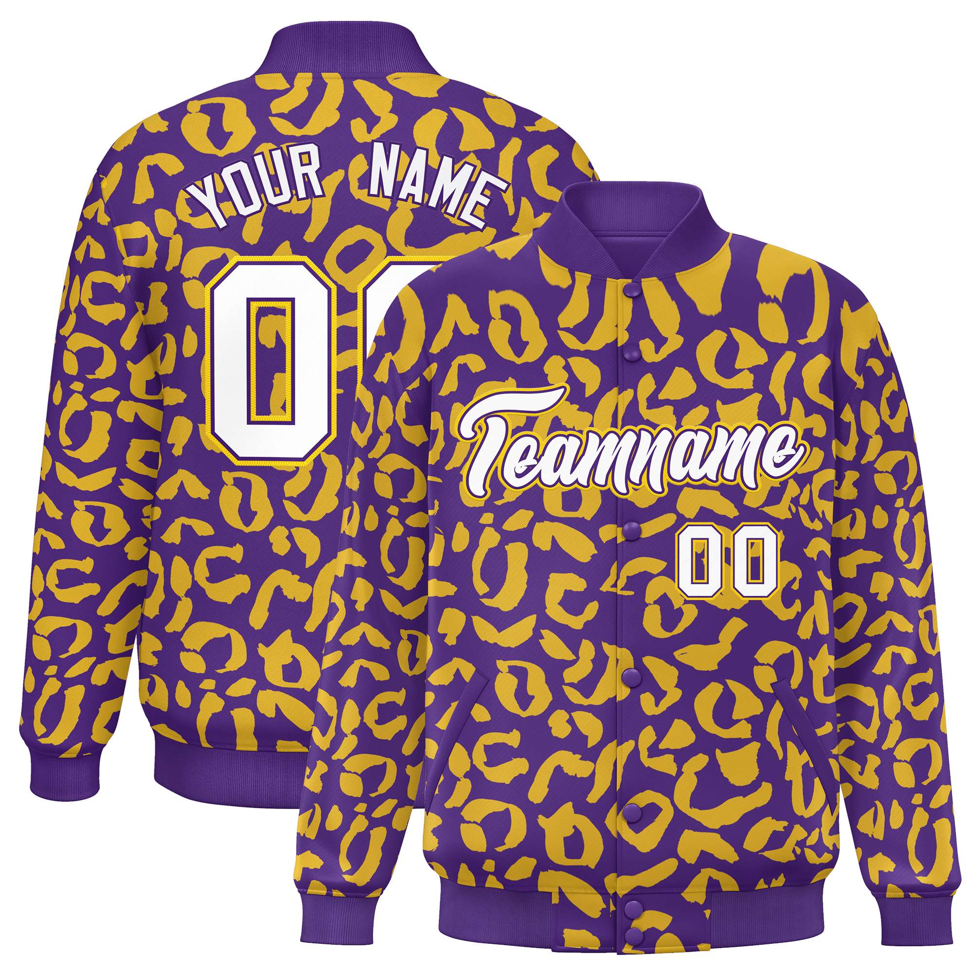 Custom Purple Gold Varsity Full-Snap Leopard Print Graffiti Pattern Letterman Baseball Jacket