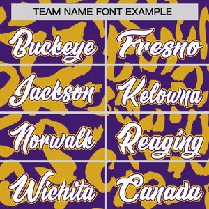 Custom Purple Gold Varsity Full-Snap Leopard Print Graffiti Pattern Letterman Baseball Jacket