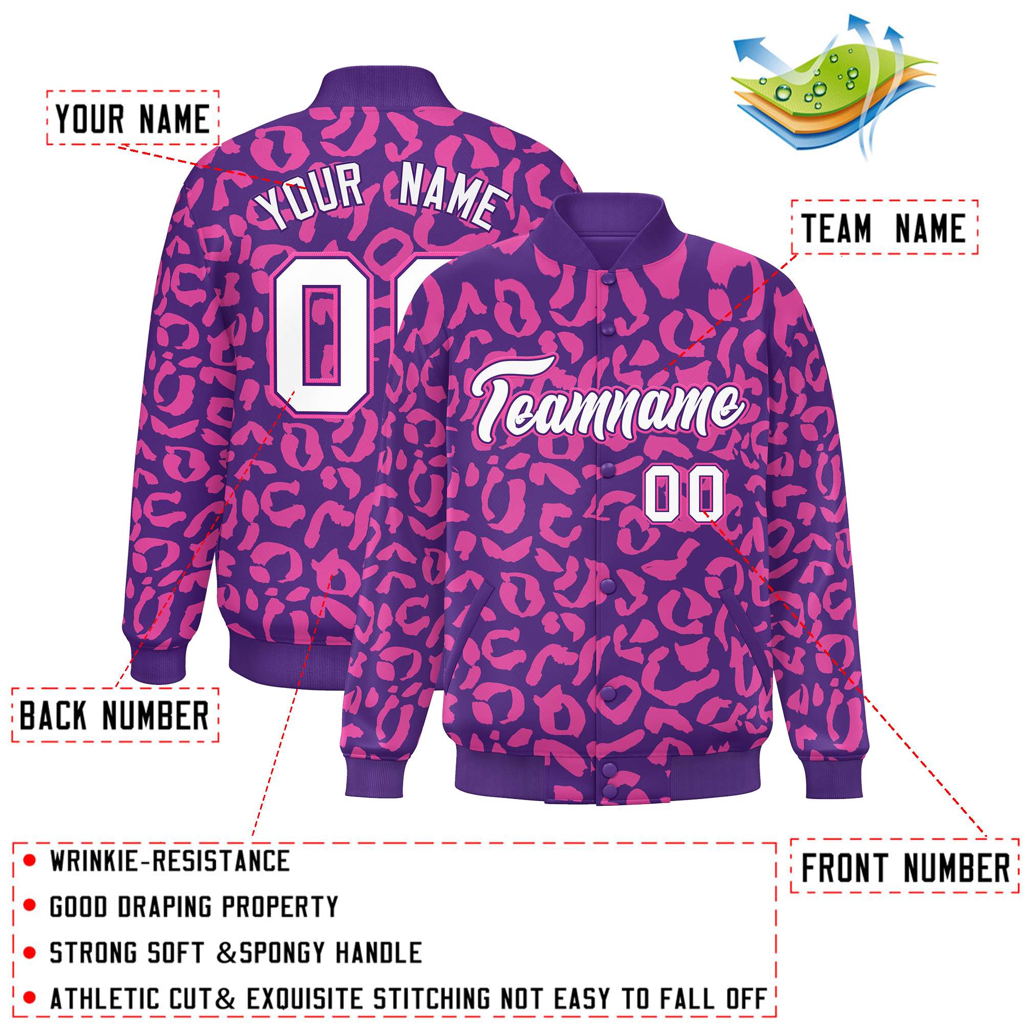 Custom Purple Pink Varsity Full-Snap Leopard Print Graffiti Pattern Letterman Baseball Jacket