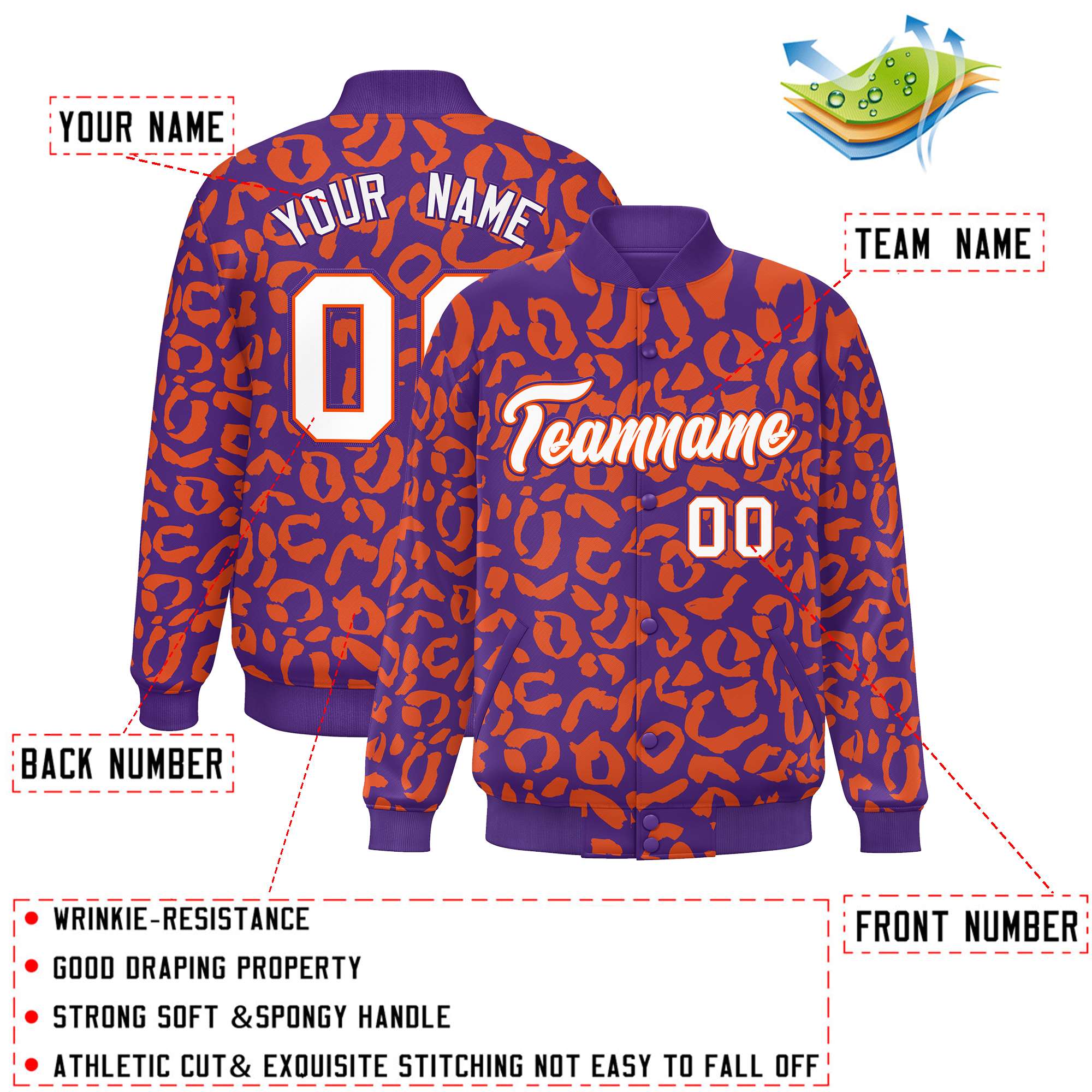 Custom Purple Orange Varsity Full-Snap Leopard Print Graffiti Pattern Letterman Baseball Jacket