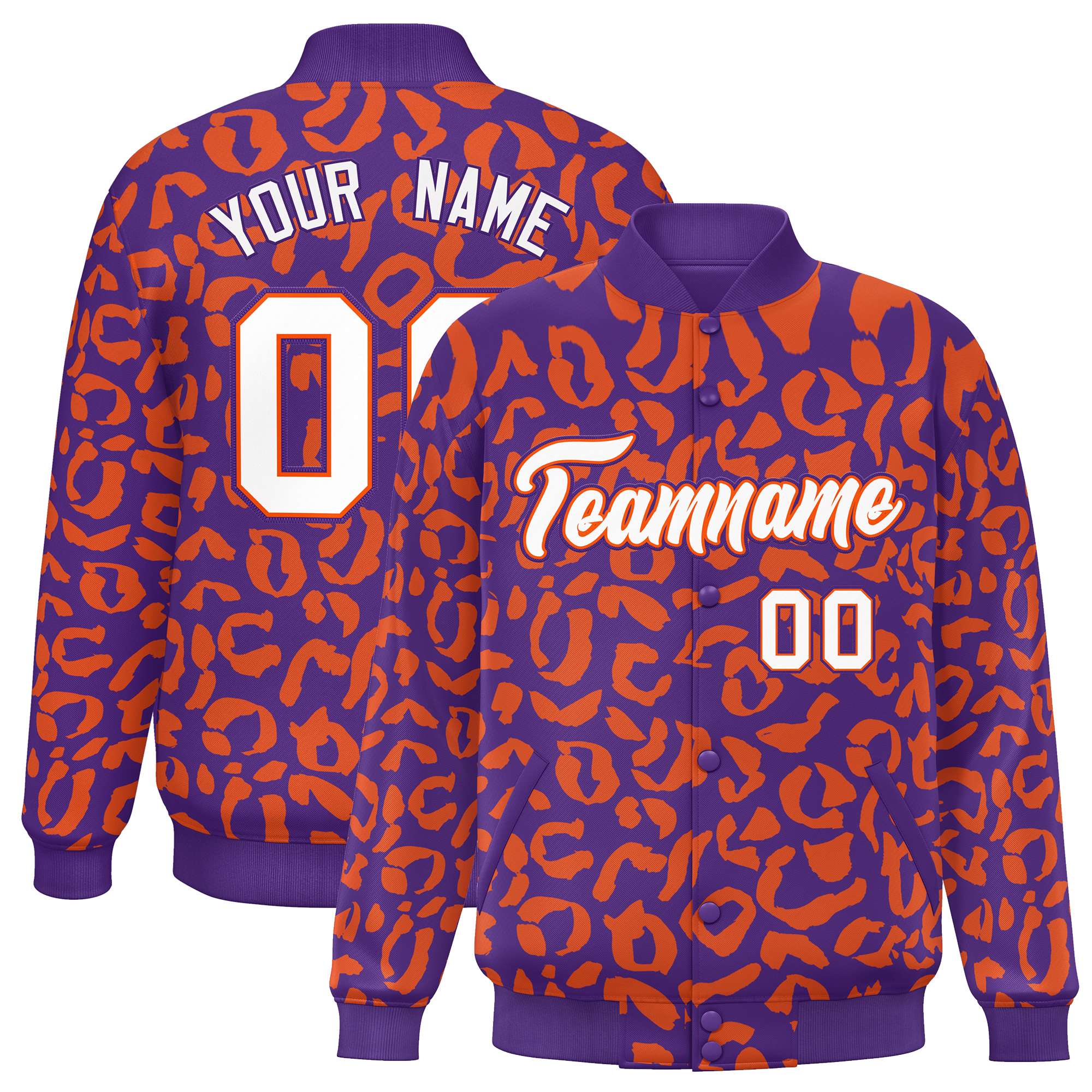 Custom Purple Orange Varsity Full-Snap Leopard Print Graffiti Pattern Letterman Baseball Jacket