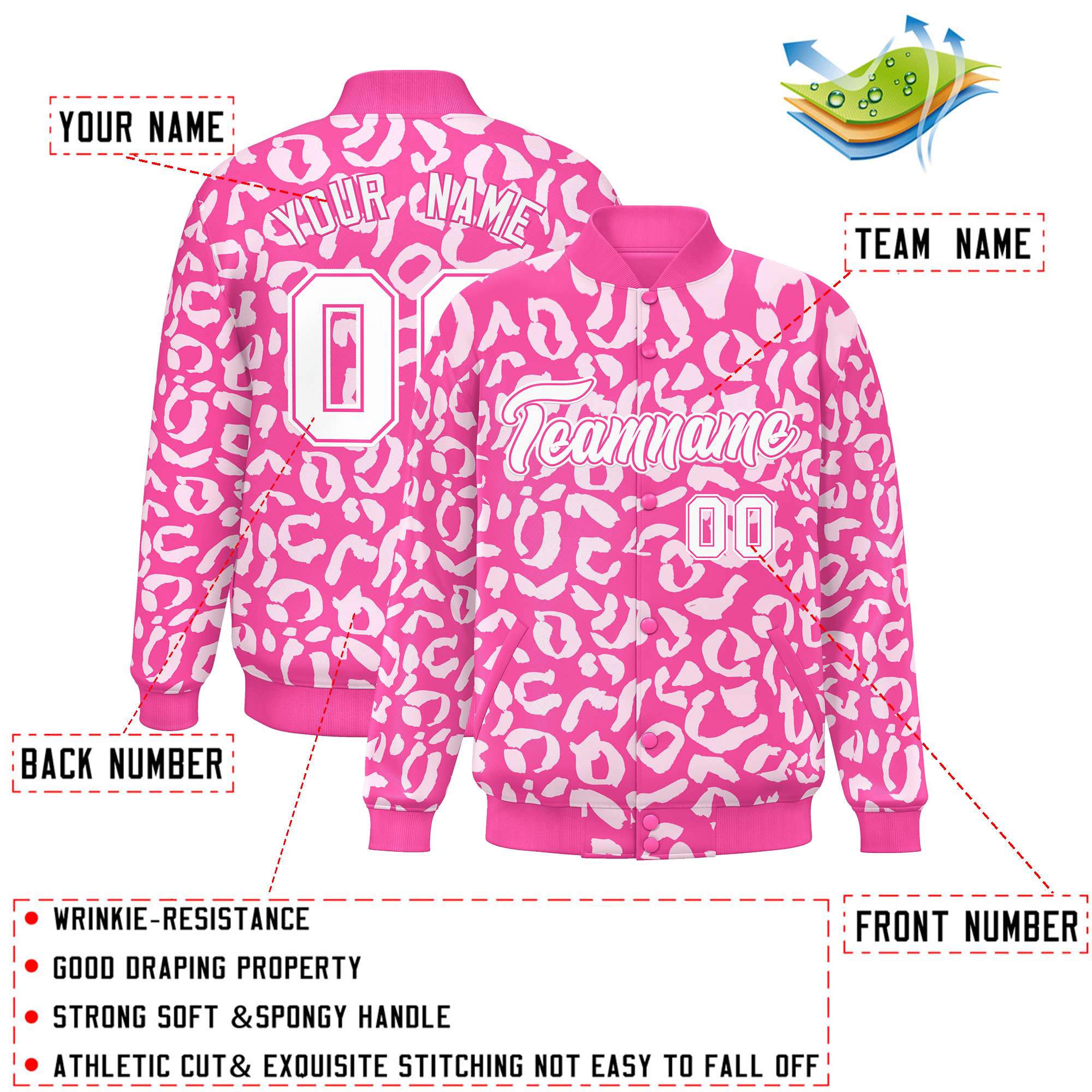 Custom Pink White Varsity Full-Snap Leopard Print Graffiti Pattern Letterman Baseball Jacket