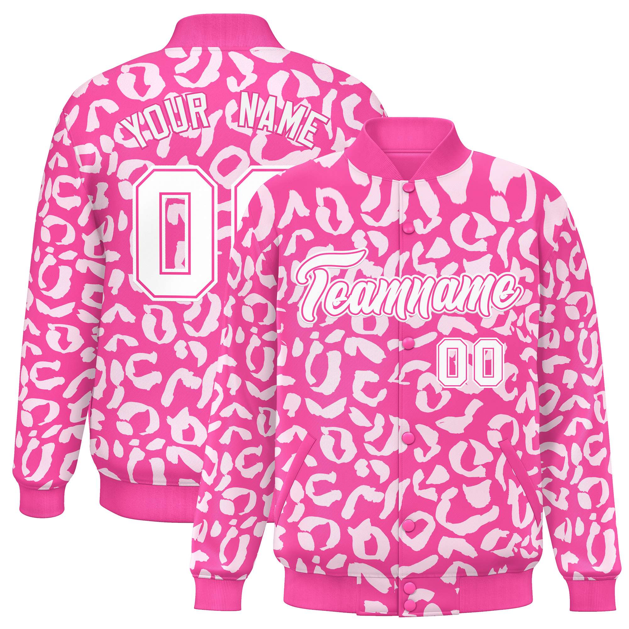 Custom Pink White Varsity Full-Snap Leopard Print Graffiti Pattern Letterman Baseball Jacket