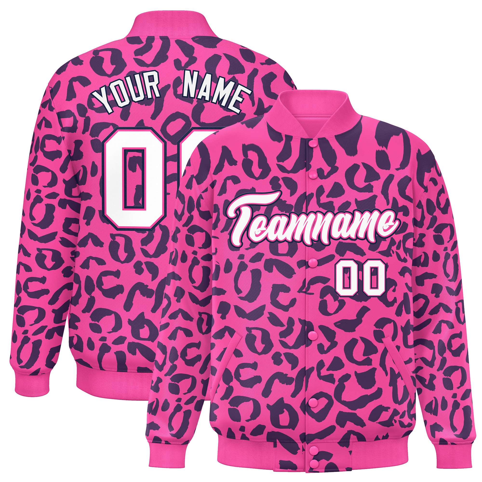 Custom Pink Navy Varsity Full-Snap Leopard Print Graffiti Pattern Letterman Baseball Jacket