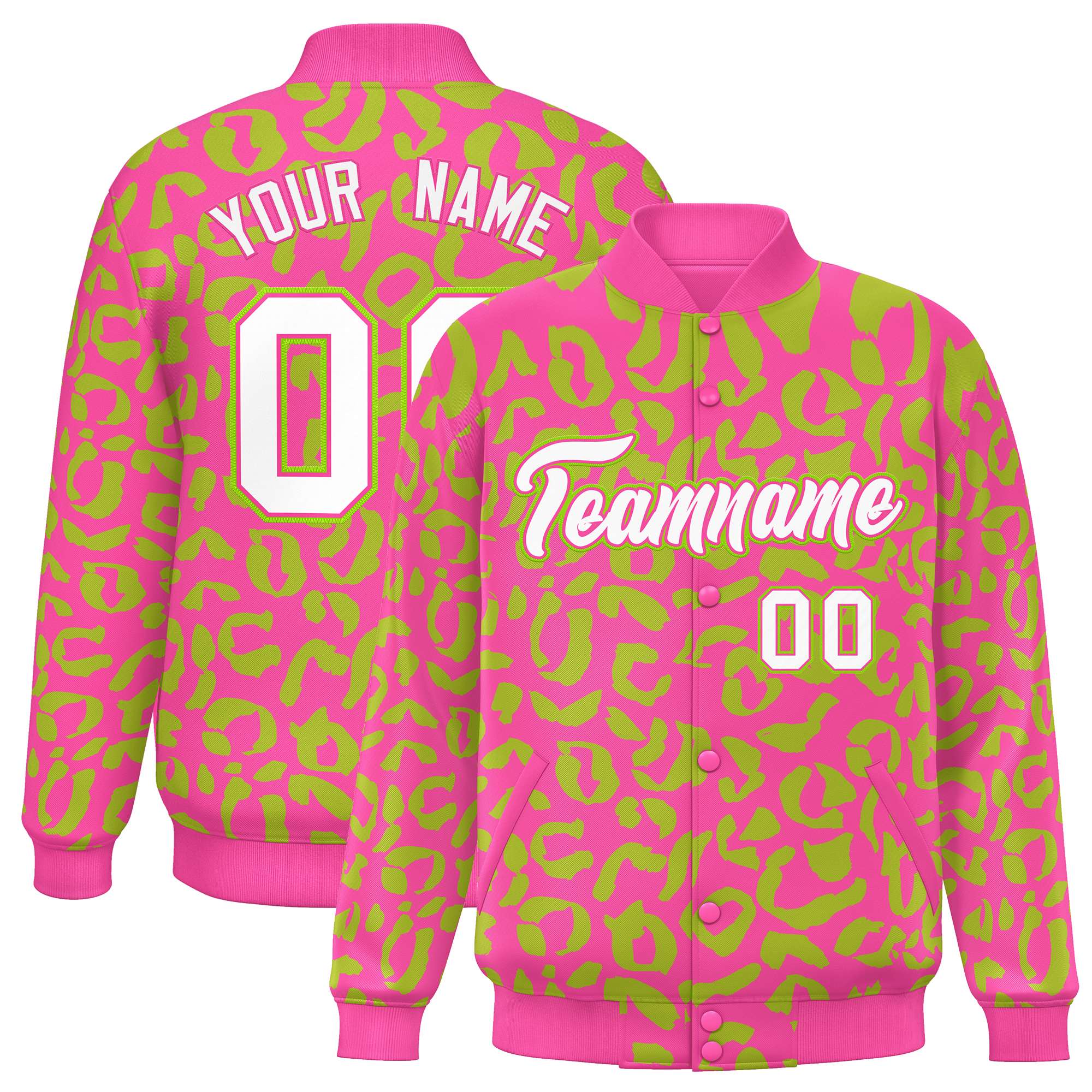 Custom Pink Neon Green Varsity Full-Snap Leopard Print Graffiti Pattern Letterman Baseball Jacket