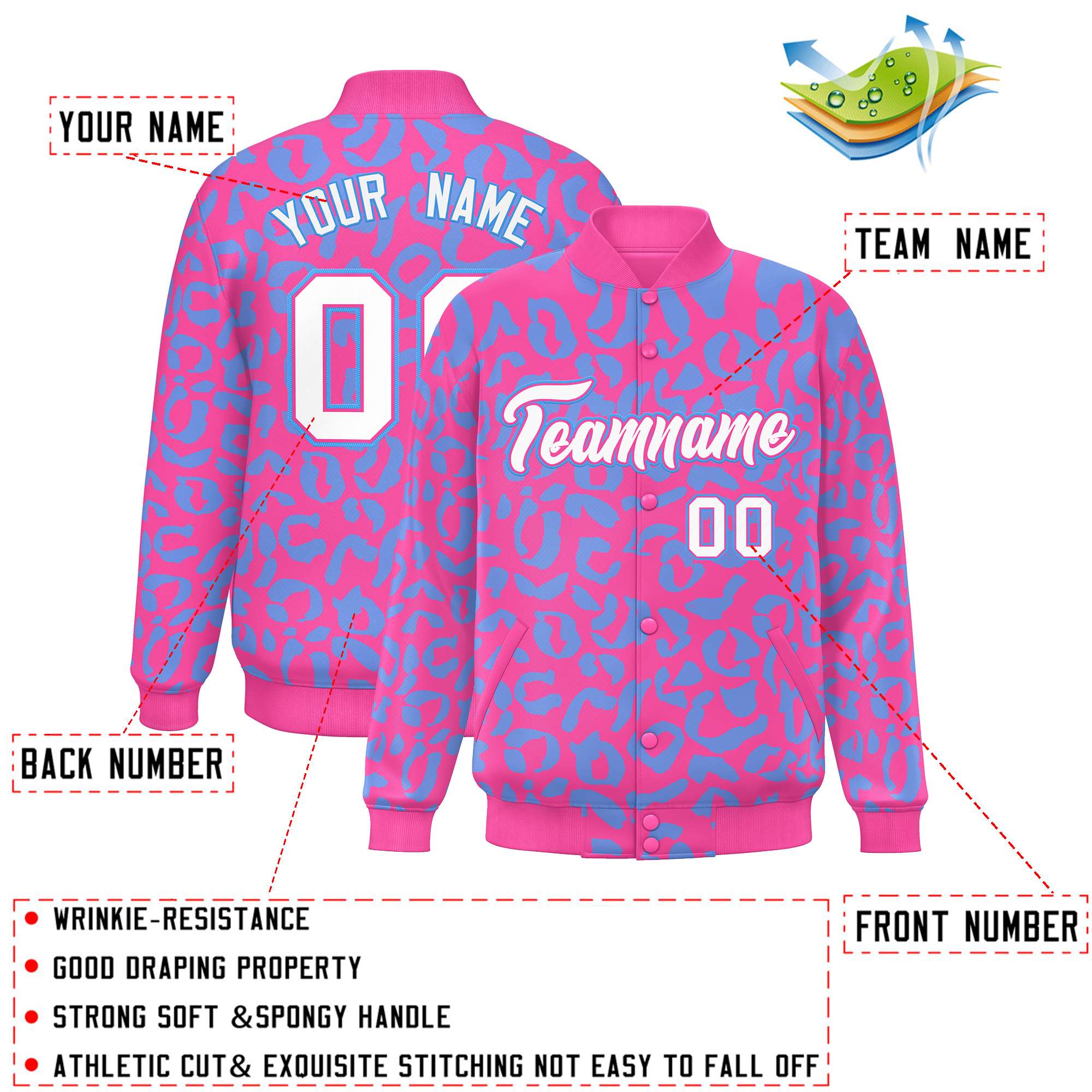 Custom Pink Powder Blue Varsity Full-Snap Leopard Print Graffiti Pattern Letterman Baseball Jacket