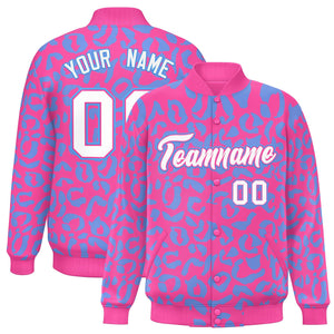 Custom Pink Powder Blue Varsity Full-Snap Leopard Print Graffiti Pattern Letterman Baseball Jacket