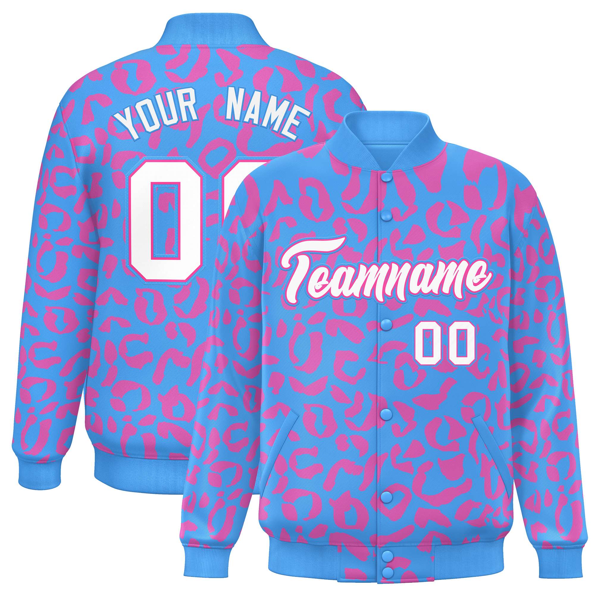 Custom Powder Blue Pink Varsity Full-Snap Leopard Print Graffiti Pattern Letterman Baseball Jacket