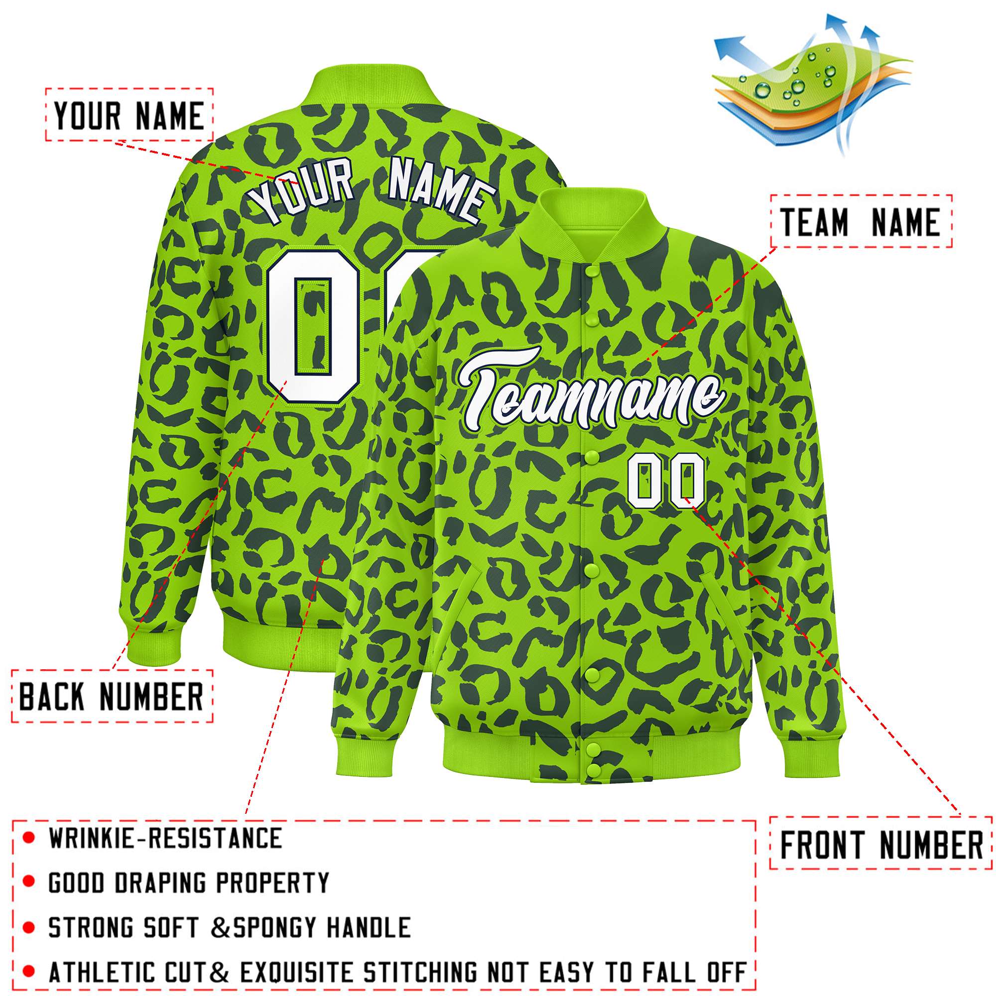 Custom Neon Green Navy Varsity Full-Snap Leopard Print Graffiti Pattern Letterman Baseball Jacket