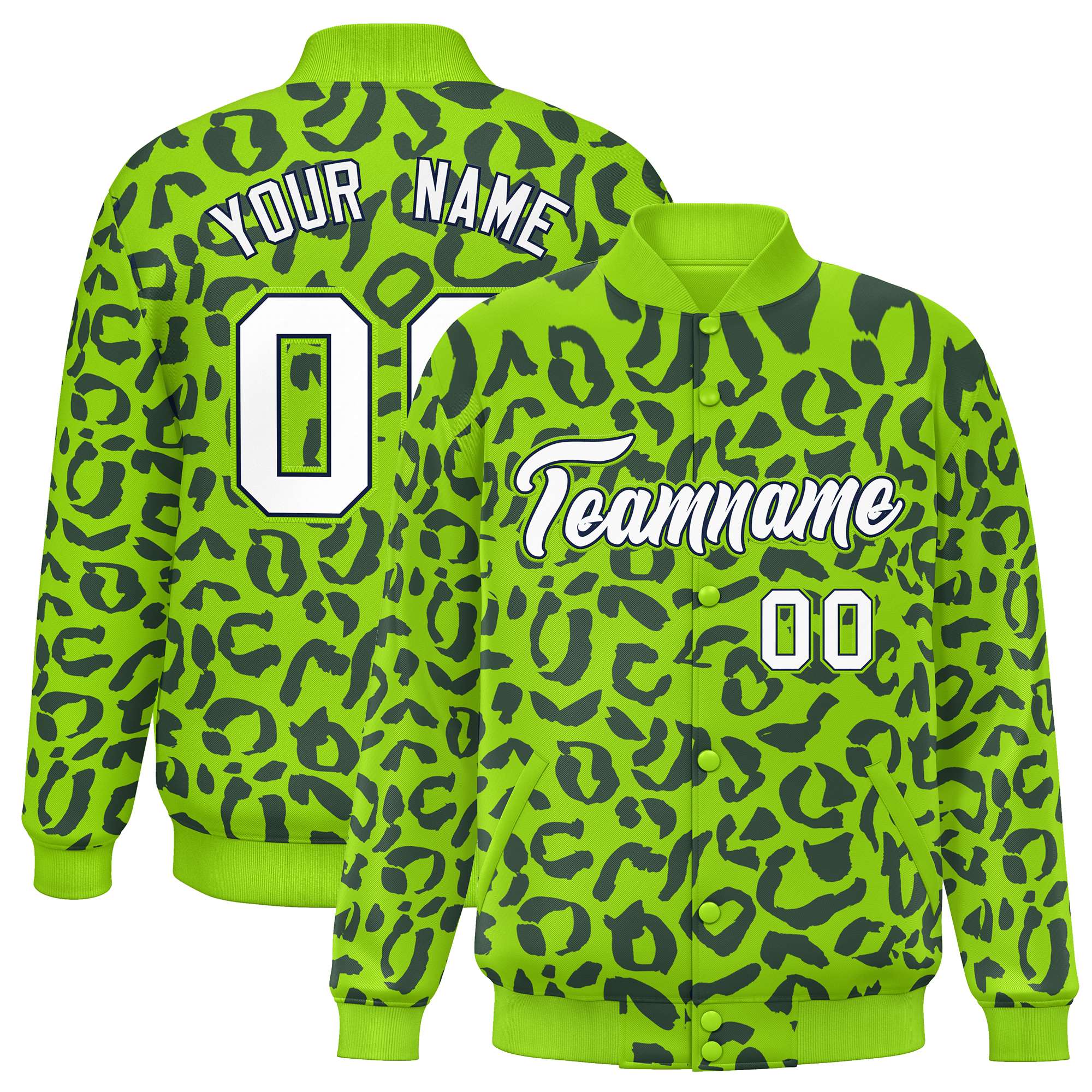 Custom Neon Green Navy Varsity Full-Snap Leopard Print Graffiti Pattern Letterman Baseball Jacket