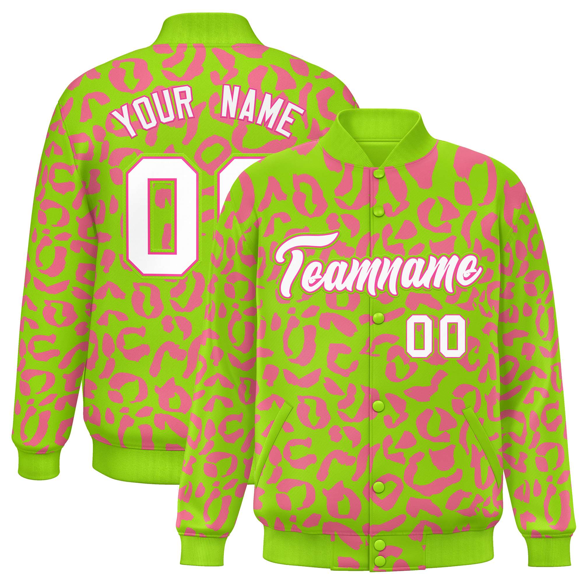 Custom Neon Green Pink Varsity Full-Snap Leopard Print Graffiti Pattern Letterman Baseball Jacket