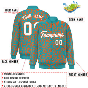 Custom Aqua Orange Varsity Full-Snap Leopard Print Graffiti Pattern Letterman Baseball Jacket