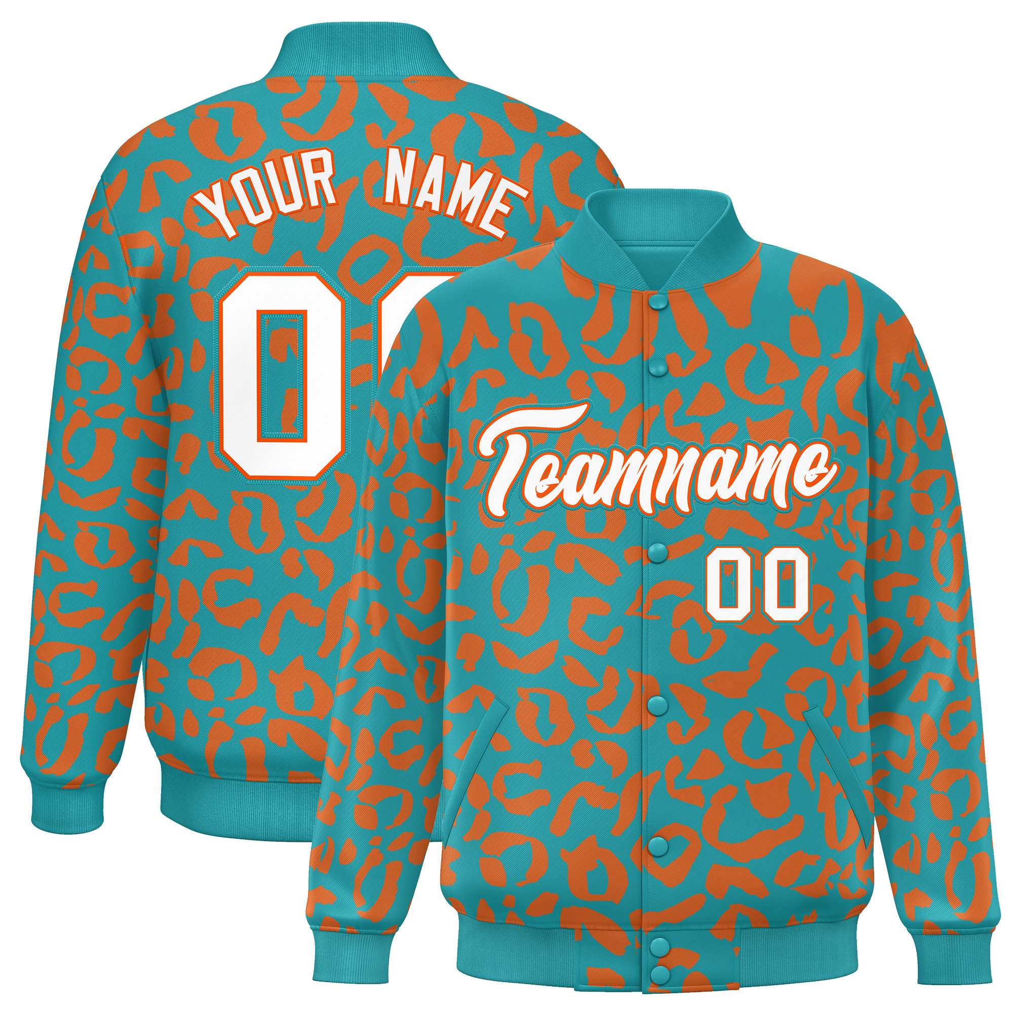 Custom Aqua Orange Varsity Full-Snap Leopard Print Graffiti Pattern Letterman Baseball Jacket