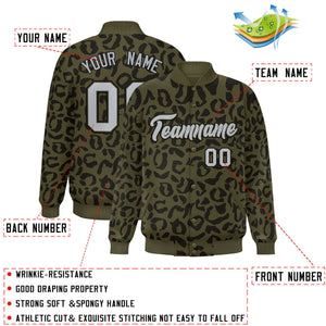 Custom Olive Black Varsity Full-Snap Leopard Print Graffiti Pattern Letterman Baseball Jacket