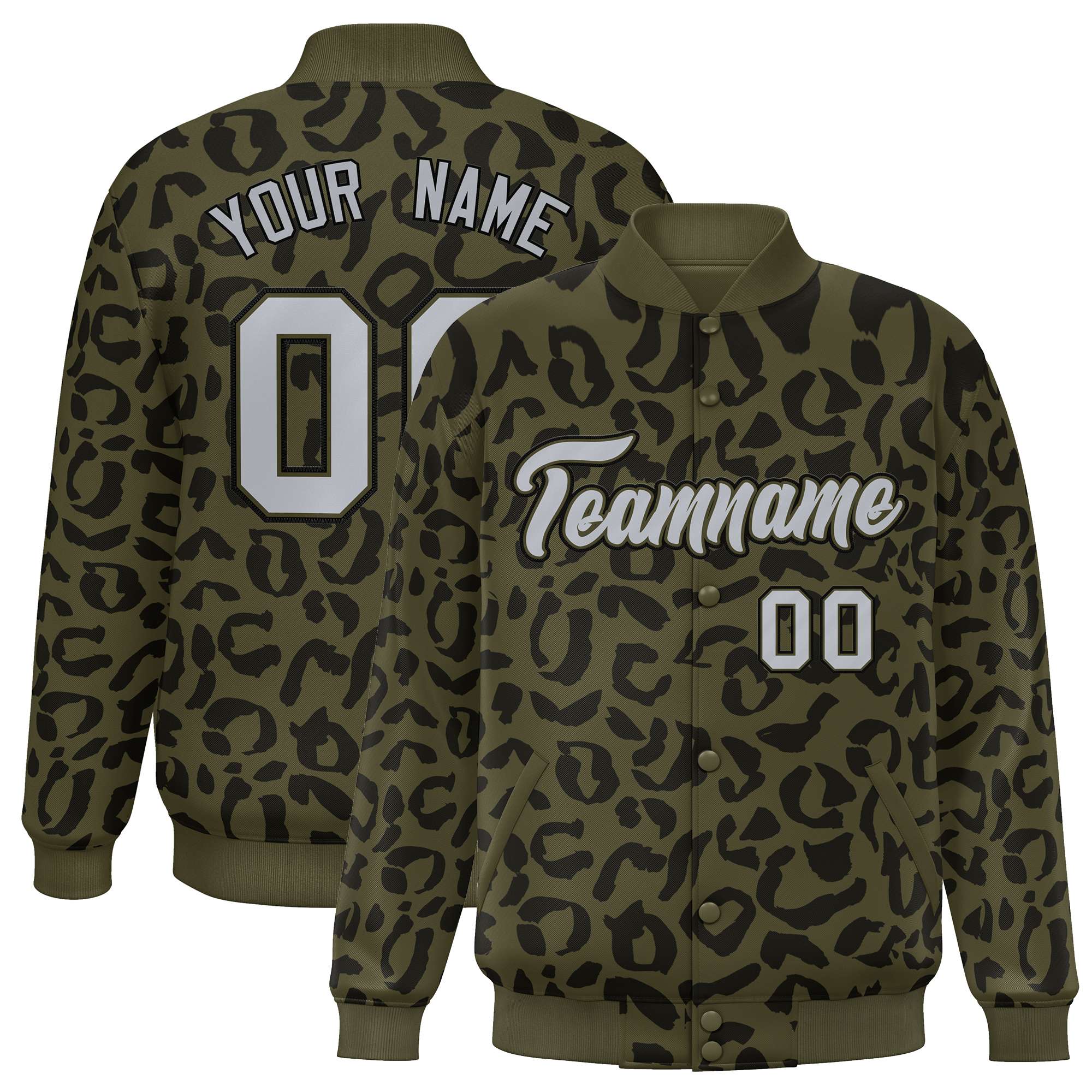 Custom Olive Black Varsity Full-Snap Leopard Print Graffiti Pattern Letterman Baseball Jacket