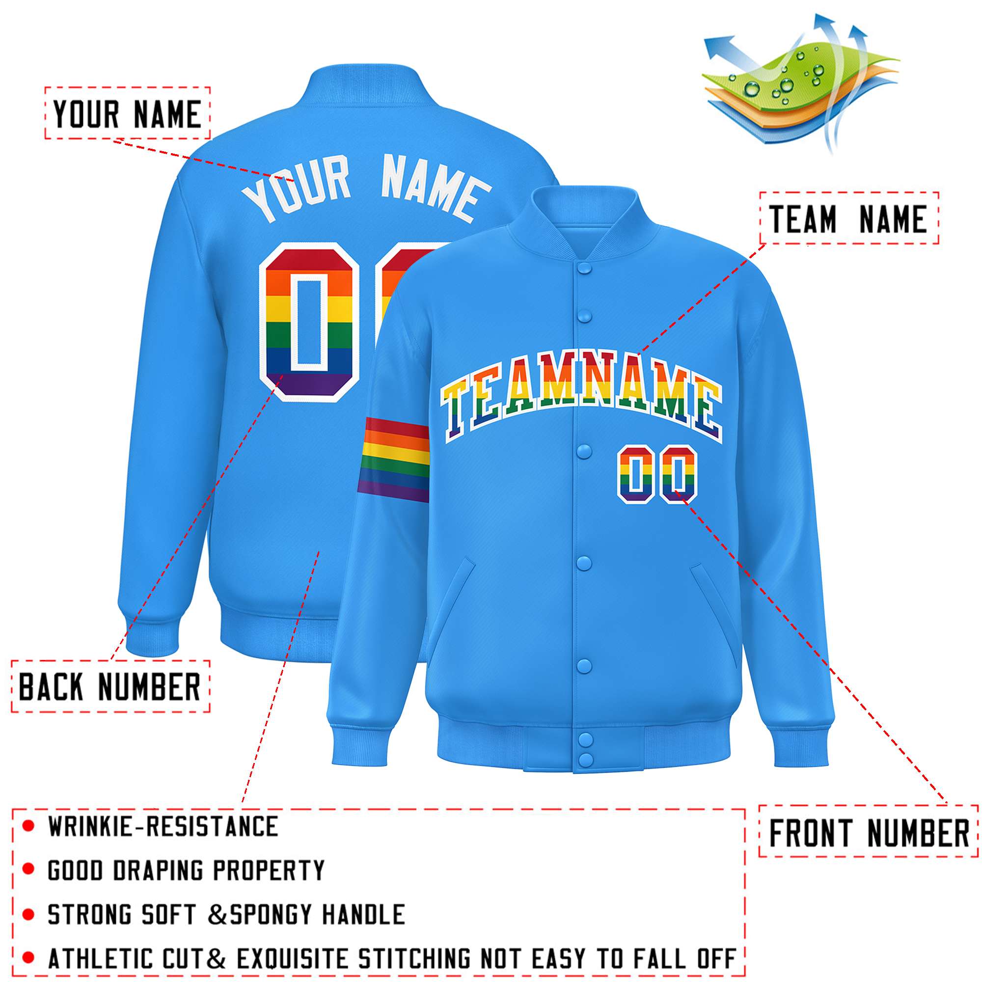 Custom Powder Blue LGBT Rainbow For Pride Month Classic Style Letterman Baseball Jacket