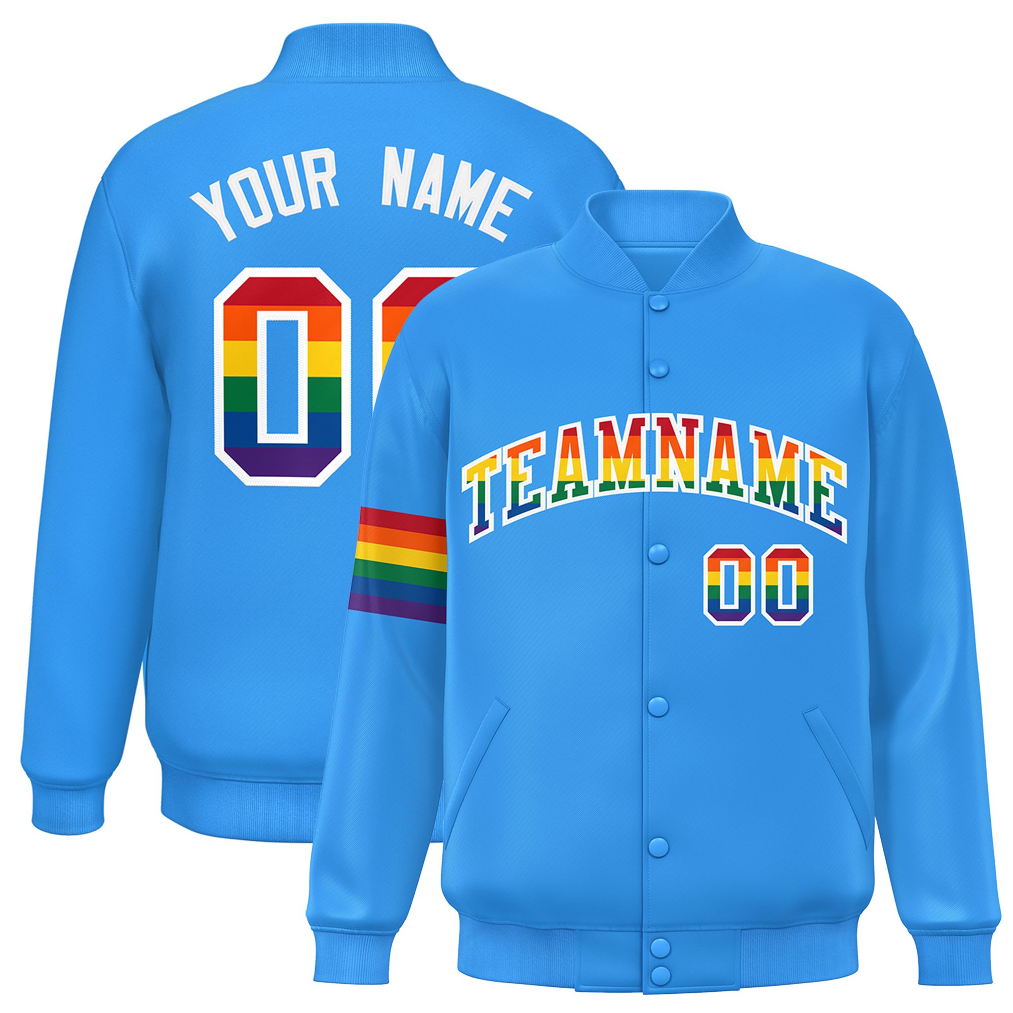 Custom Powder Blue LGBT Rainbow For Pride Month Classic Style Letterman Baseball Jacket