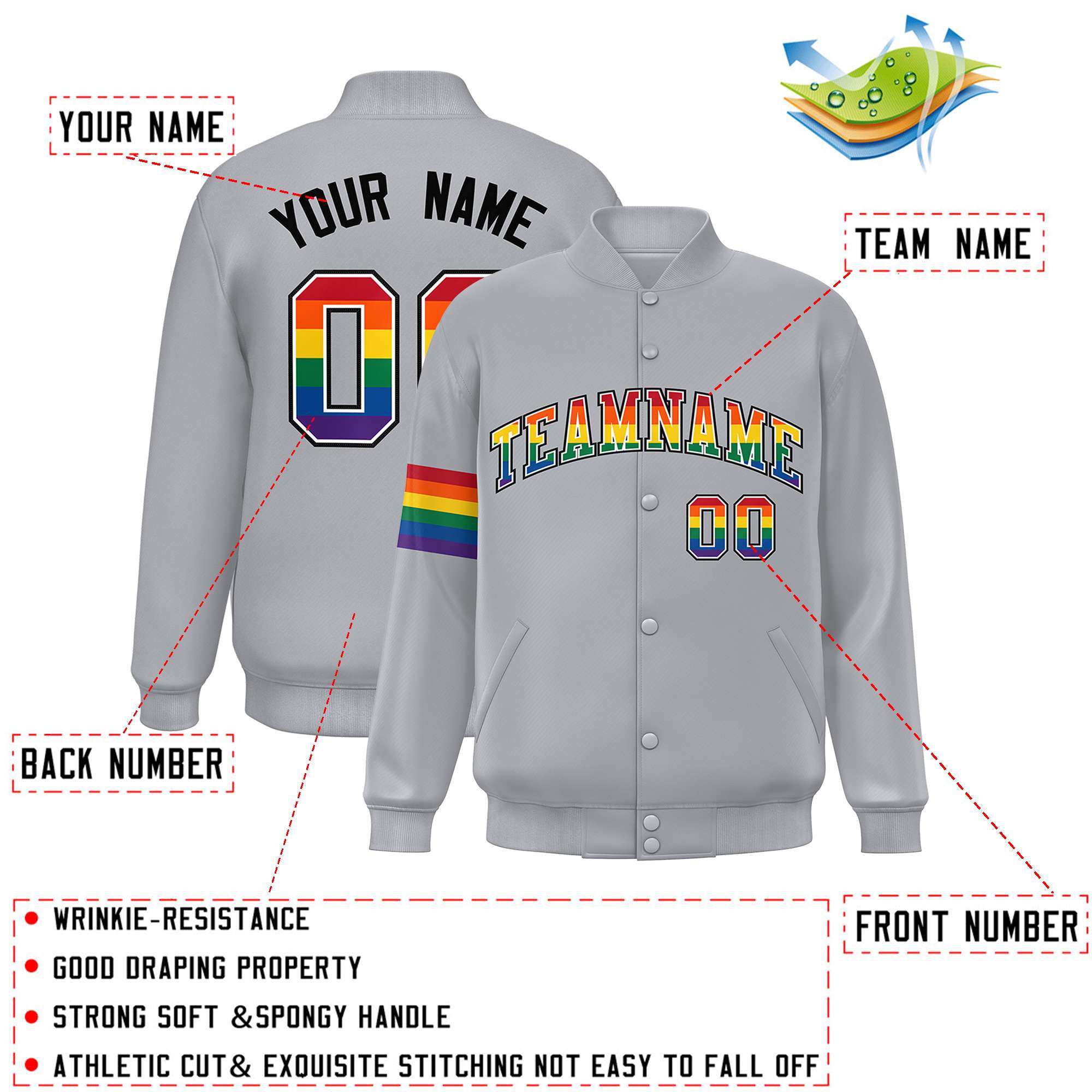 Custom Light Gray LGBT Rainbow For Pride Month Classic Style Letterman Baseball Jacket