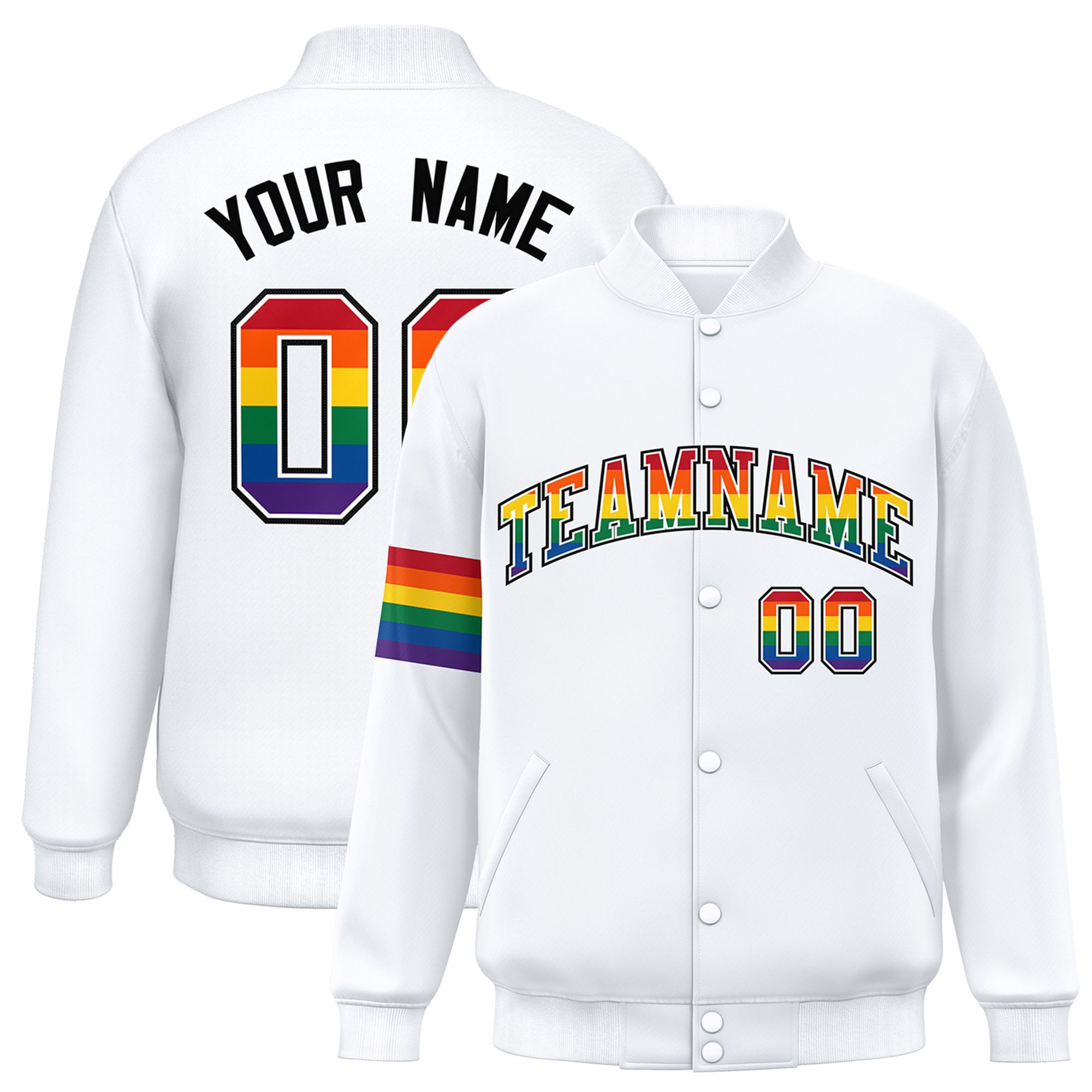 Custom White LGBT Rainbow For Pride Month Classic Style Letterman Baseball Jacket