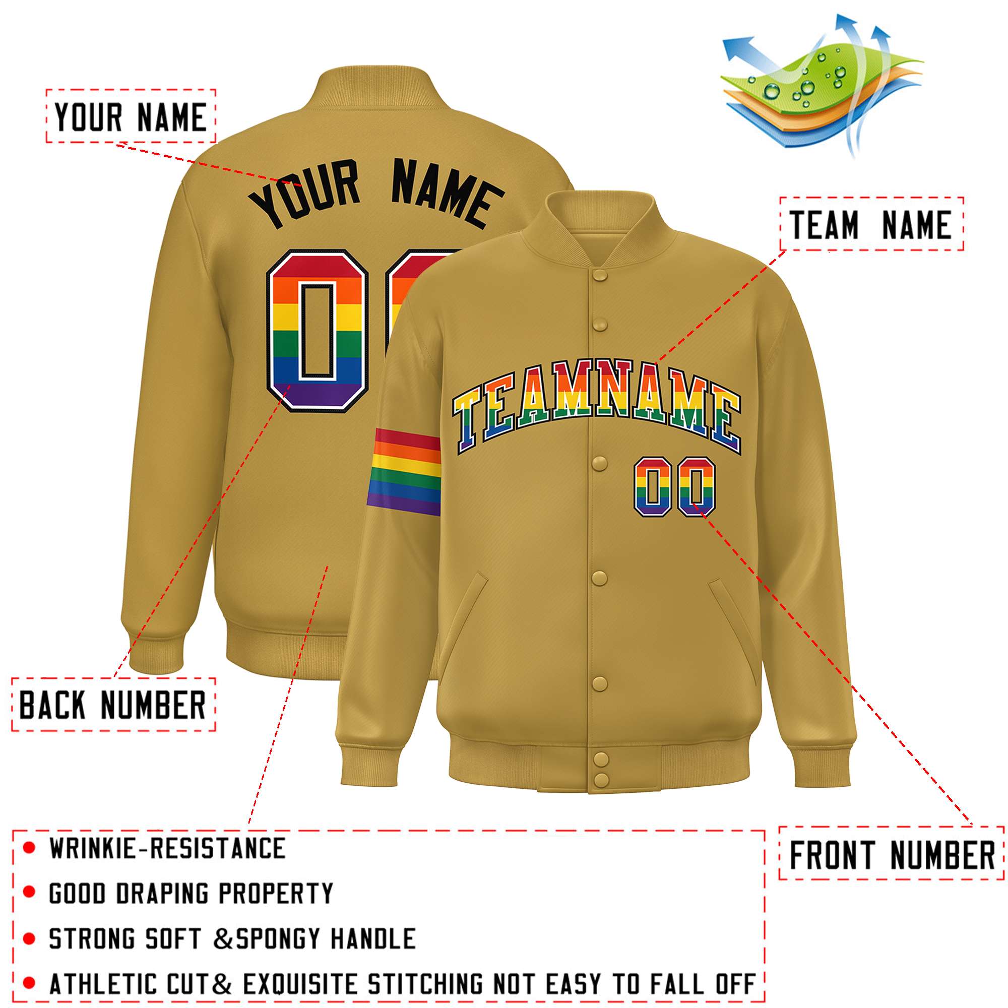 Custom Old Gold LGBT Rainbow For Pride Month Classic Style Letterman Baseball Jacket