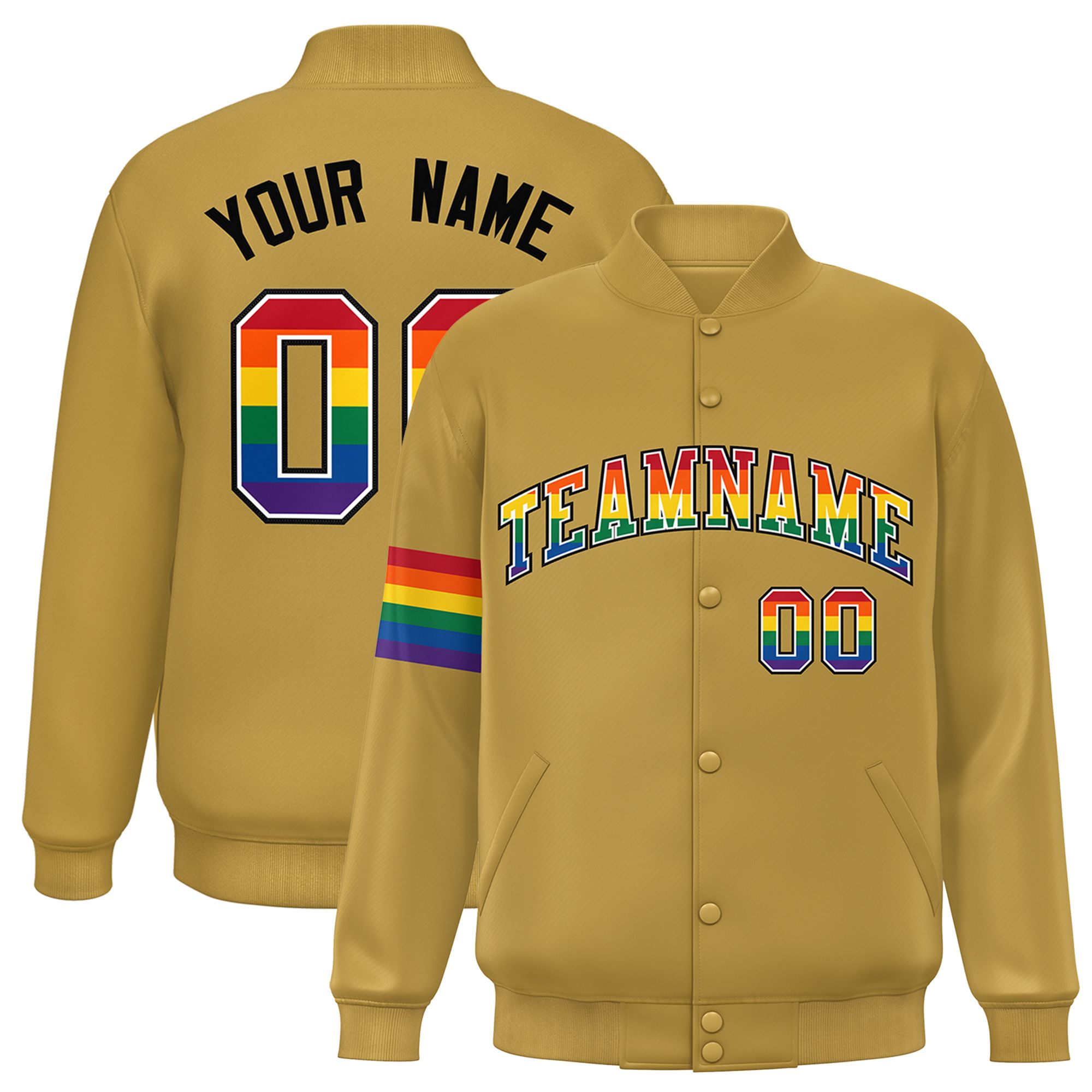 Custom Old Gold LGBT Rainbow For Pride Month Classic Style Letterman Baseball Jacket