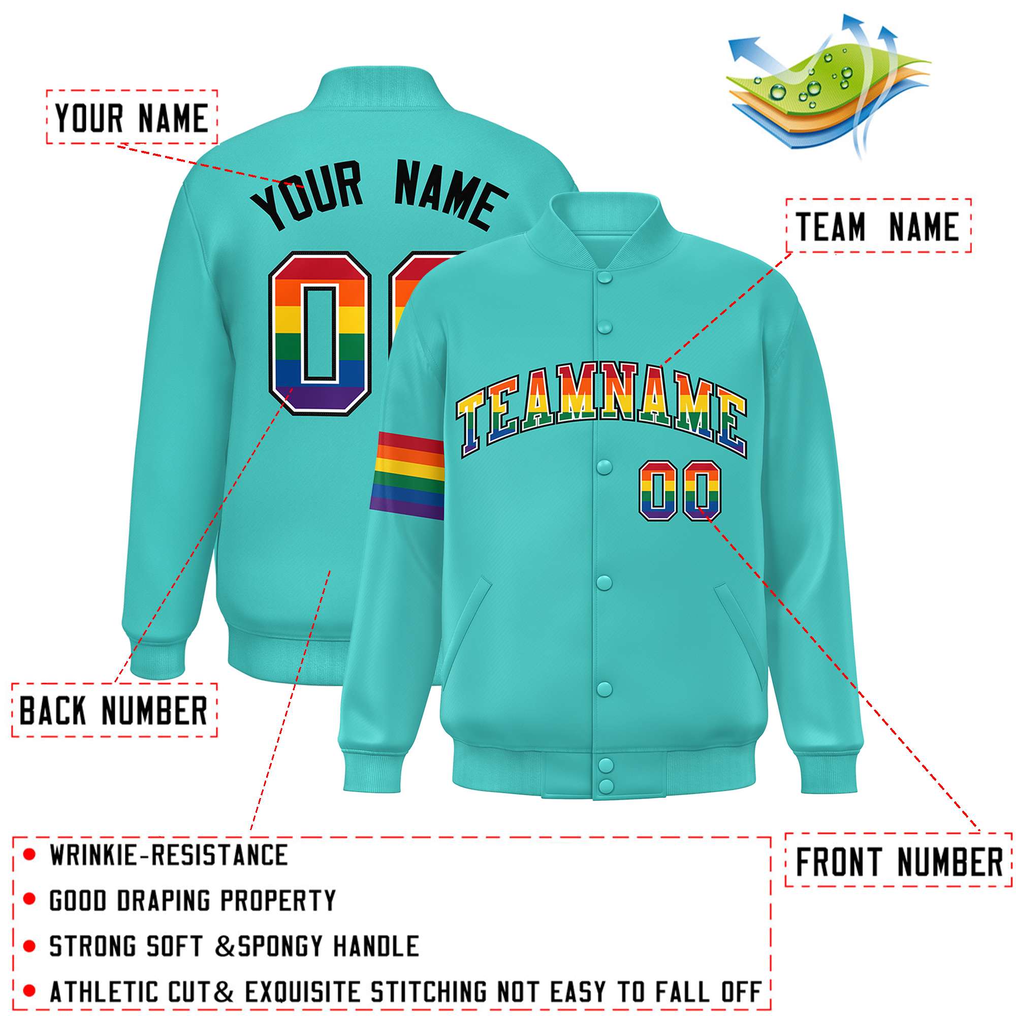 Custom Aqua LGBT Rainbow For Pride Month Classic Style Letterman Baseball Jacket