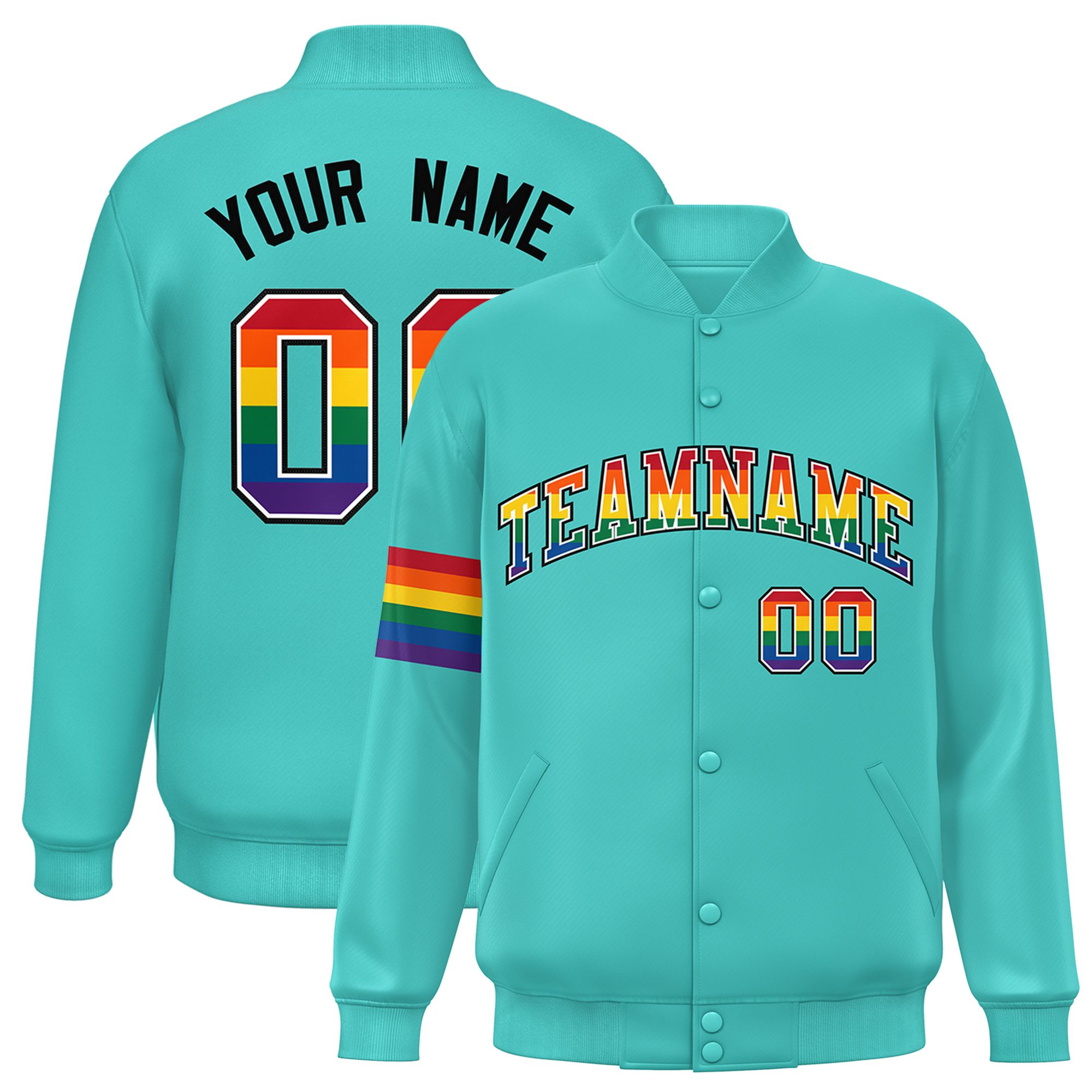 Custom Aqua LGBT Rainbow For Pride Month Classic Style Letterman Baseball Jacket