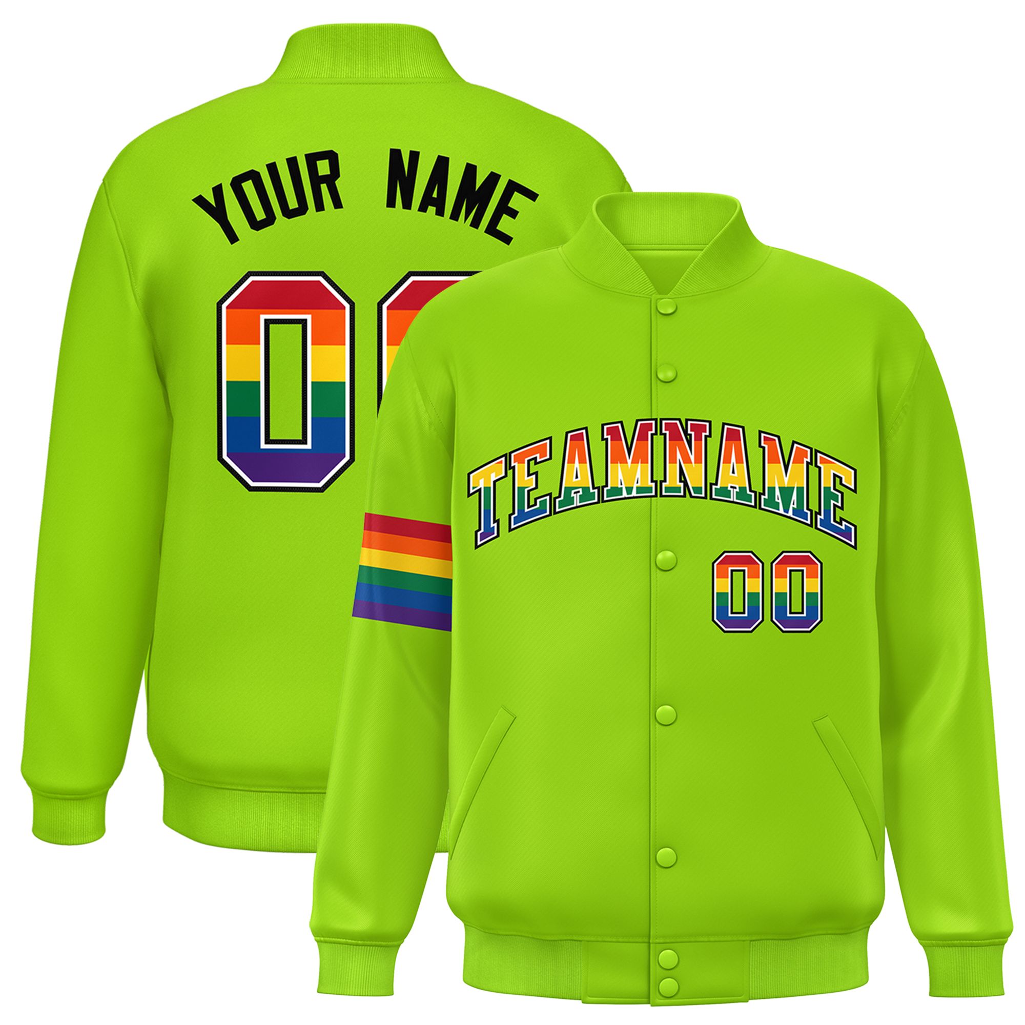 Custom Neon Green LGBT Rainbow For Pride Month Classic Style Letterman Baseball Jacket