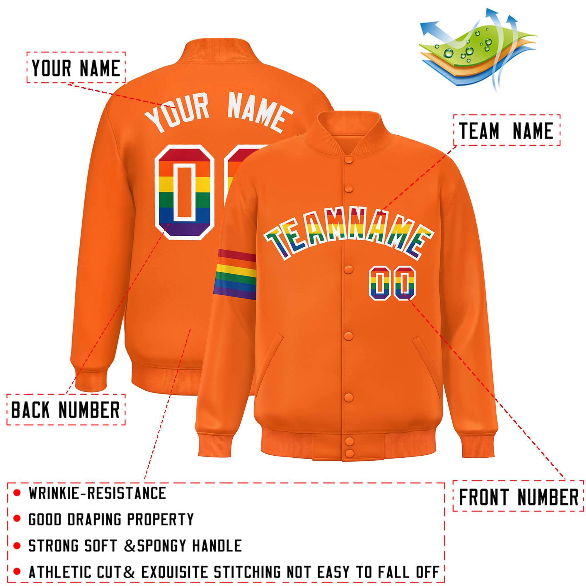 Custom Orange LGBT Rainbow For Pride Month Classic Style Letterman Baseball Jacket