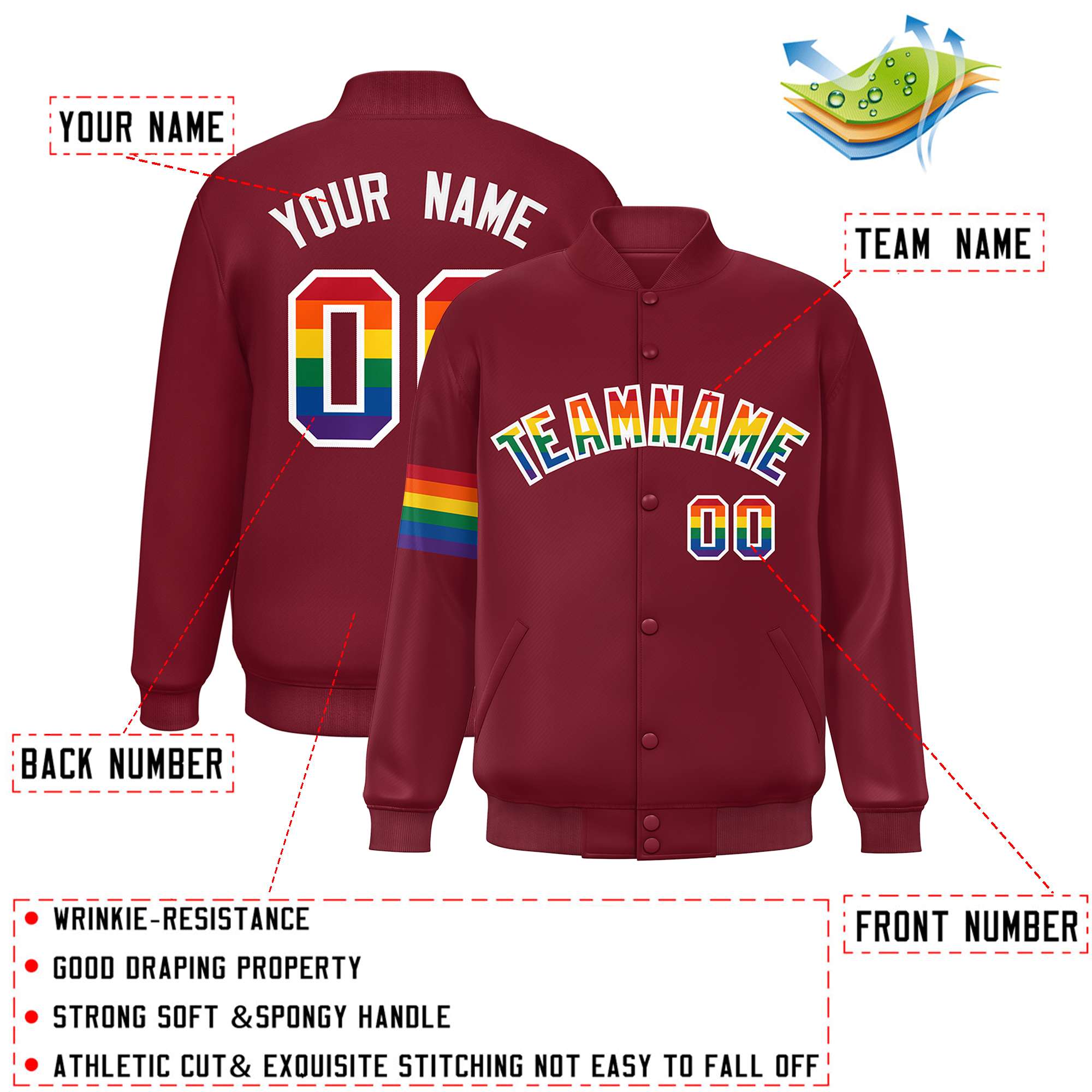 Custom Crimson LGBT Rainbow For Pride Month Classic Style Letterman Baseball Jacket