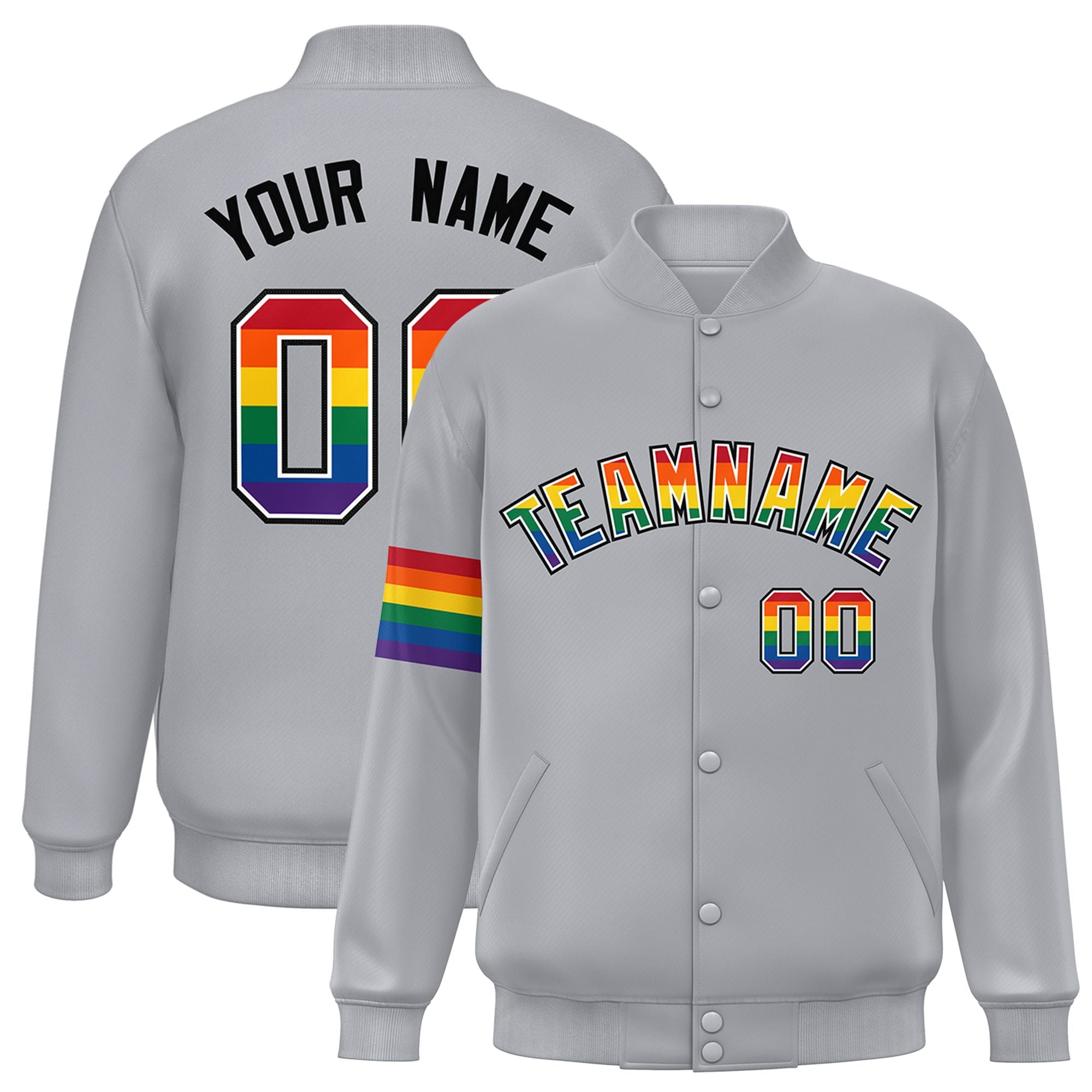 Custom Light Gray LGBT Rainbow For Pride Month Classic Style Letterman Baseball Jacket