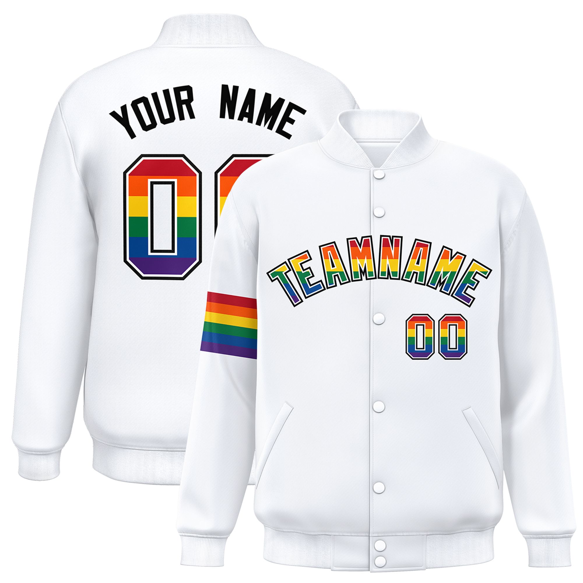 Custom White LGBT Rainbow For Pride Month Classic Style Letterman Baseball Jacket