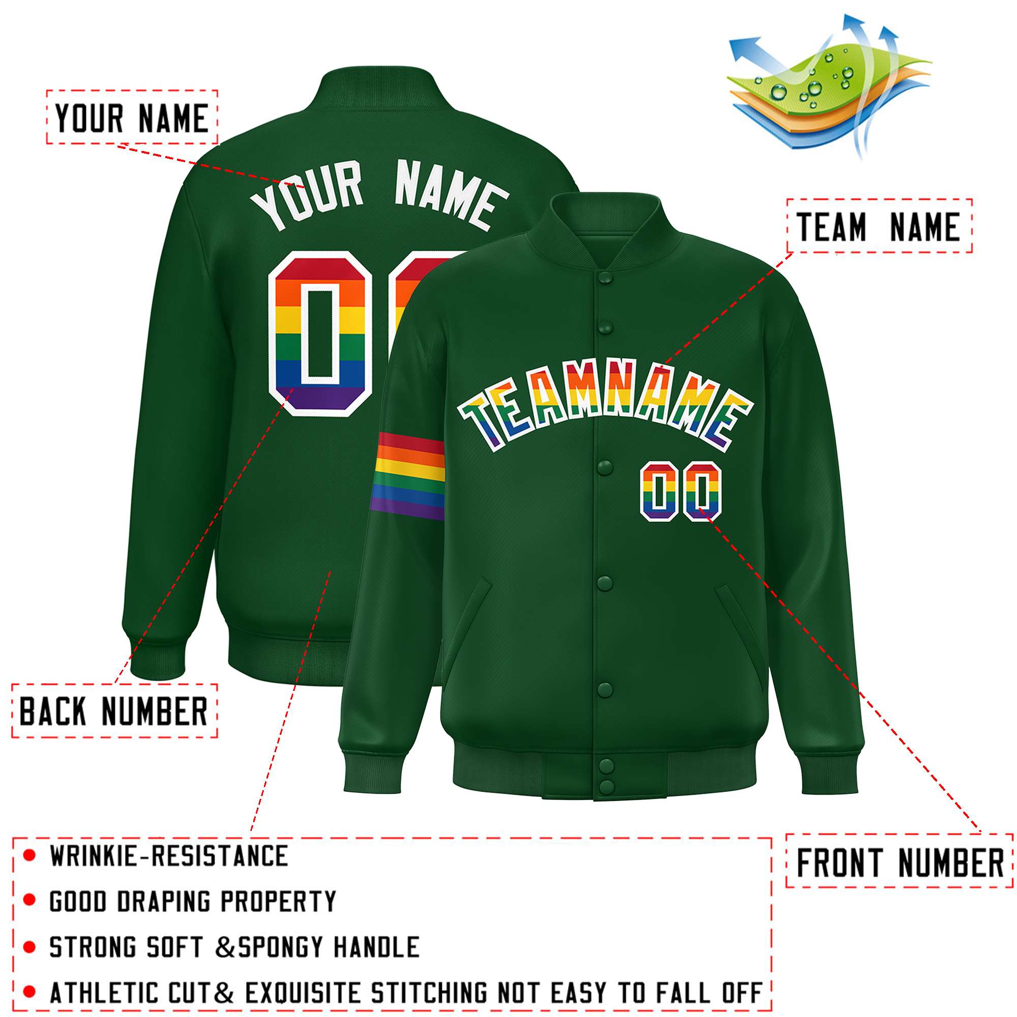 Custom Green LGBT Rainbow For Pride Month Classic Style Letterman Baseball Jacket