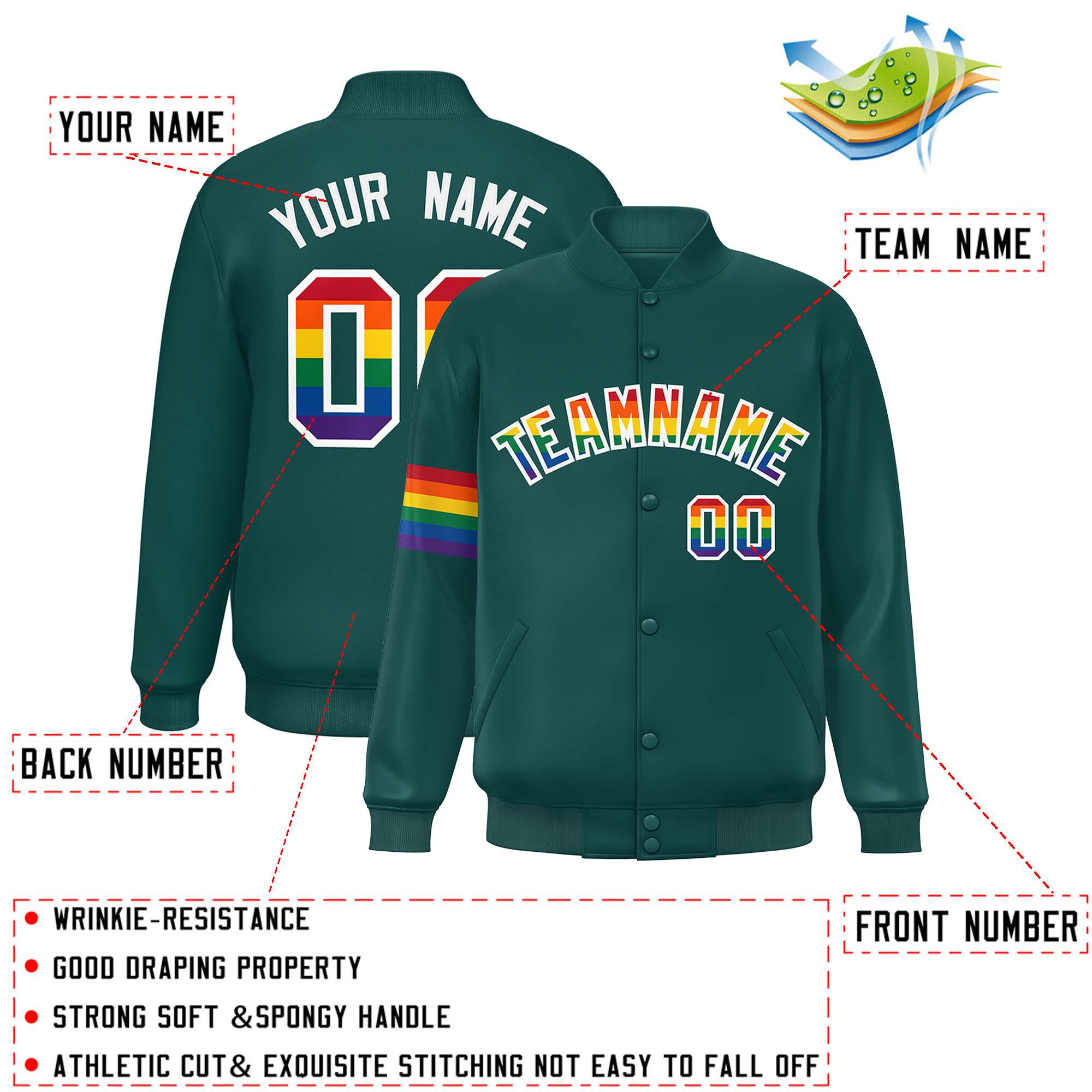 Custom Midnight Green LGBT Rainbow For Pride Month Classic Style Letterman Baseball Jacket